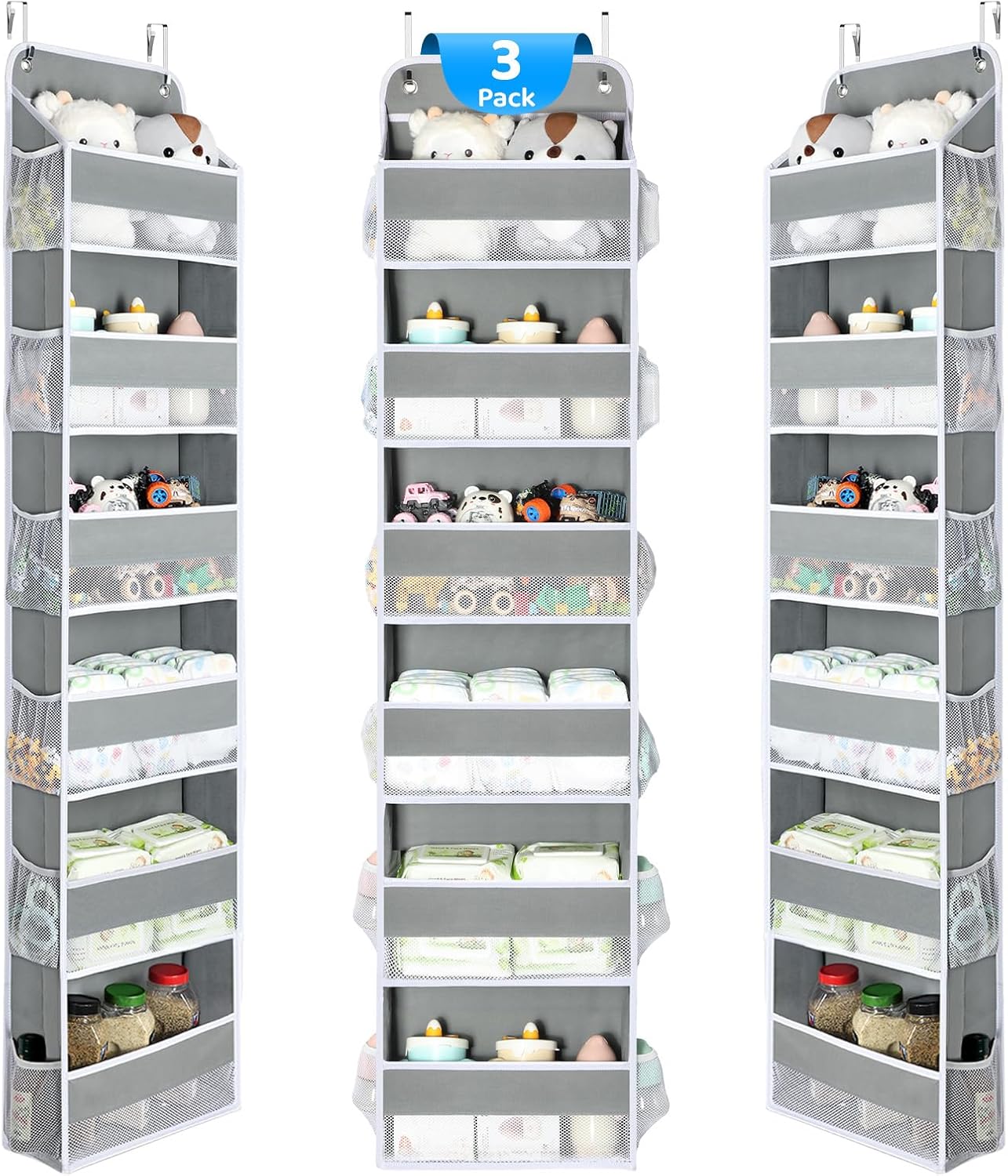 Yecaye 3 Pack Over The Door Organizer, 6-Tier Closet Door Hanging Organizer with 12 Mesh Pockets, Bathroom Organizers and Storage, Ultra Sturdy Large Capacity Over Door Storage Newborn Baby Essentials