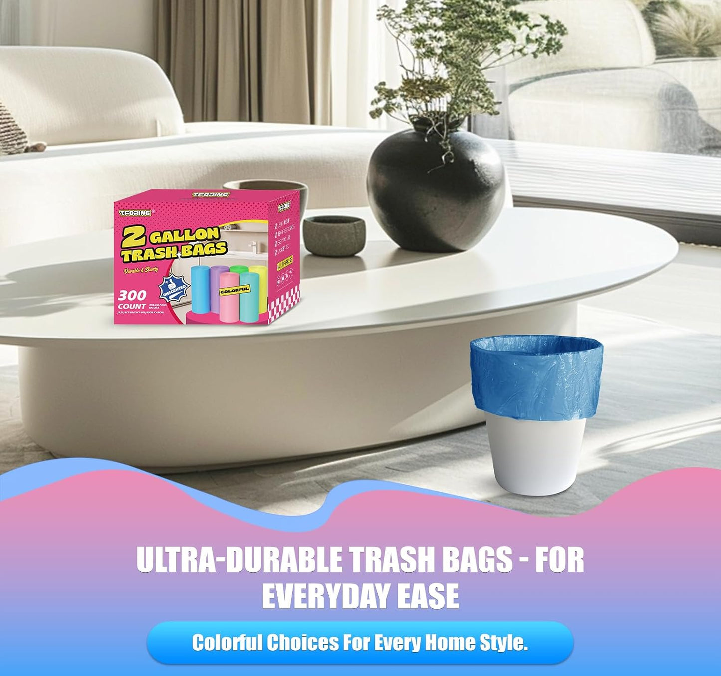 300 Count 2 Gallon Trash Bags - 7.5 Liter Colored Small Garbage Bags Unscented Wastebasket Liners Heavy Duty & Leakproof Mini Can Liners for Bathroom Office Home Car