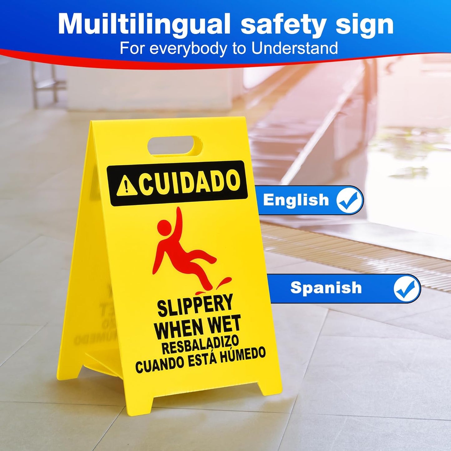 MATTHEW CLEANING 19'' 2 Pack,Industrial Wet Floor Sign 2-Sided Durable Corrugated Plastic Birght Yellow Multilingual Saety Warning Signs Commercial Caution Wet Fold-out Floor Signs For Indoors Only