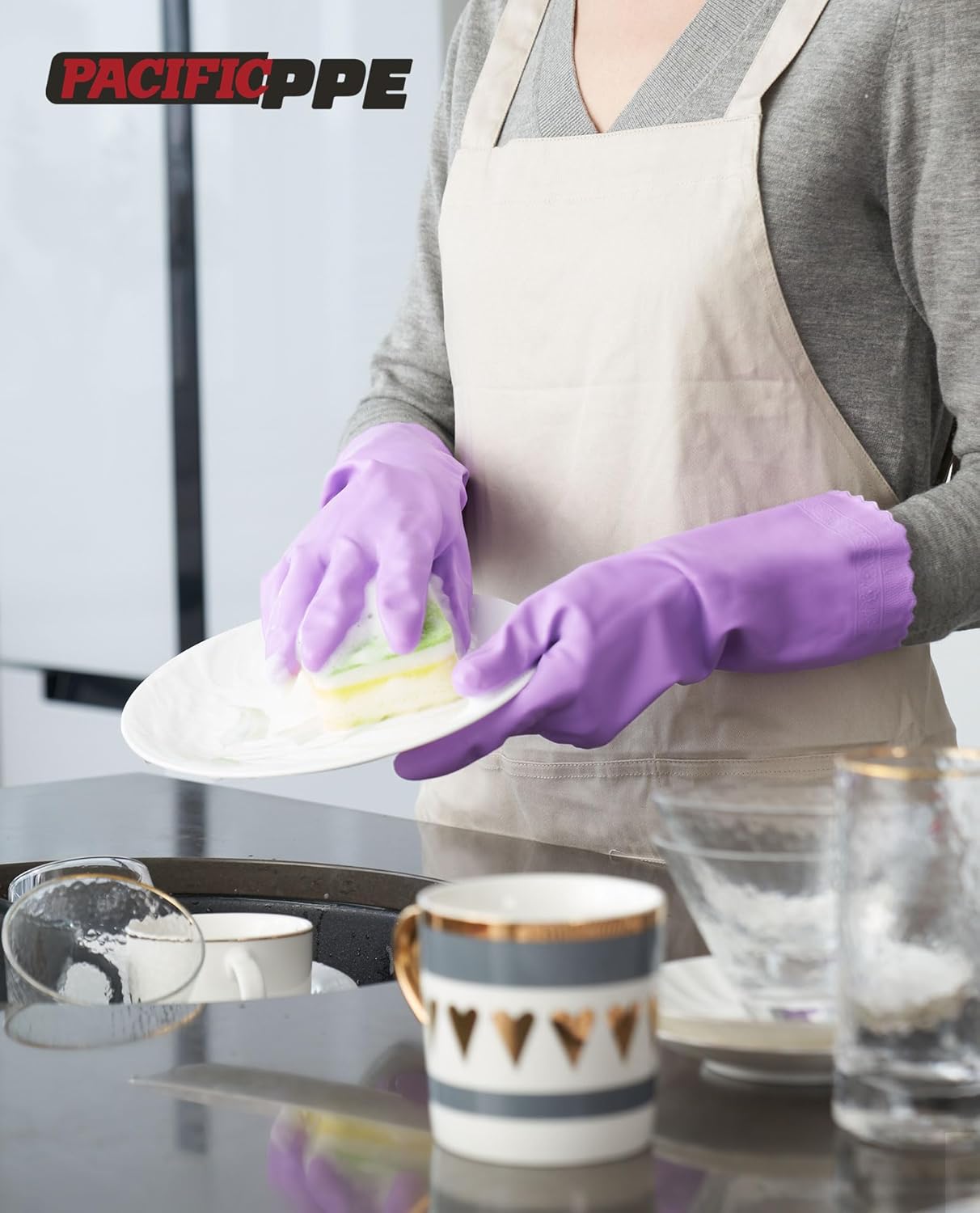 PACIFIC PPE 2 Pairs Reusable Dishwashing Cleaning Gloves with Latex Free, Cotton Lining, Kitchen Gloves, Purple, Small