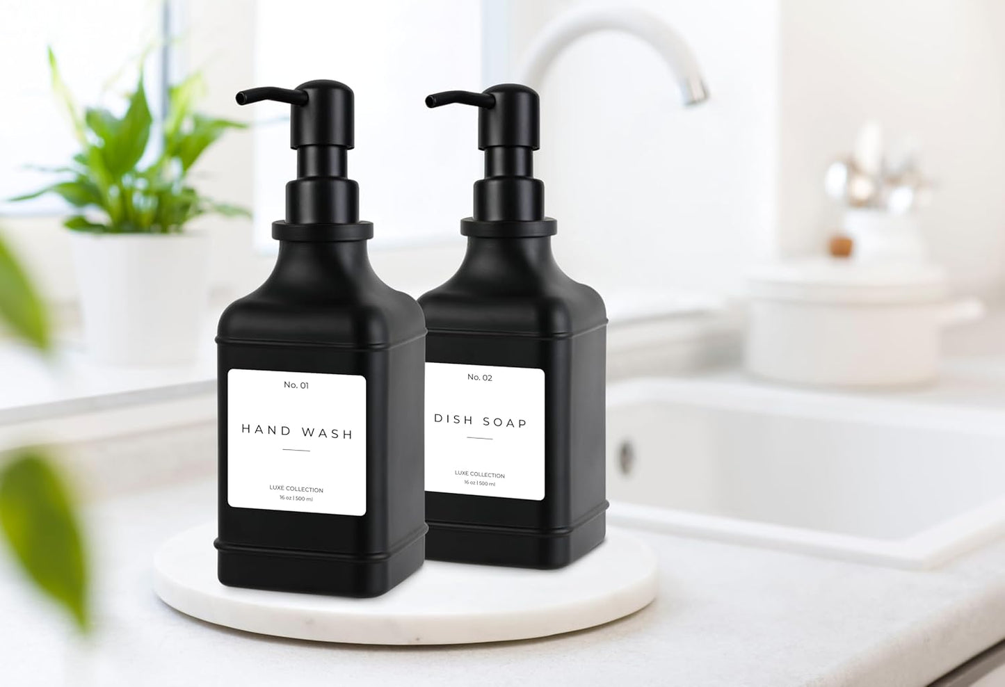 Emerson Essentials Soap Dispenser, Dish Soap Dispenser, Soap Dispenser Bathroom Set, Hand Soap Dispenser, Kitchen Soap Dispenser Set, Glass Soap Dispenser with Pump and Labels | 16 Oz, 2-Pack