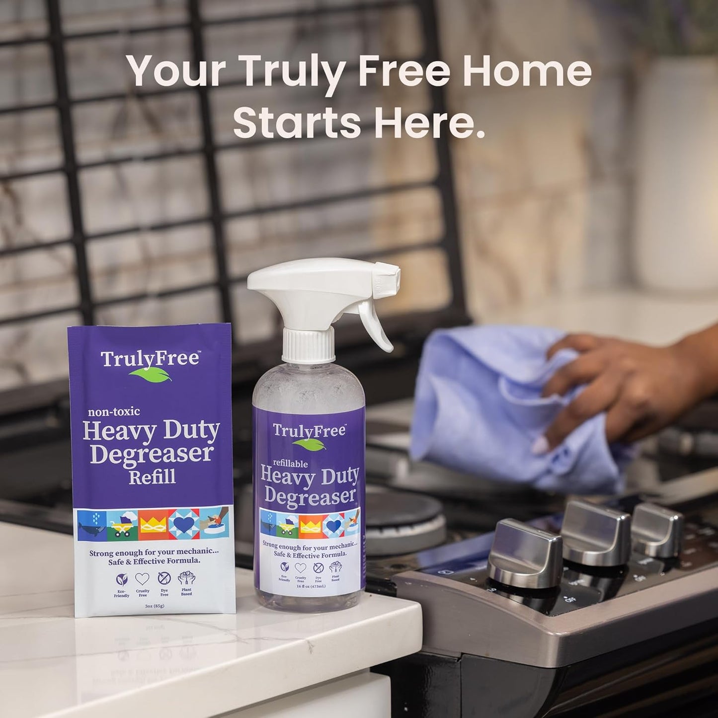 Truly Free Heavy Duty Degreaser- Grease Remover & Grime Cleaner for Kitchen, Automotive & More, Household Cleaning Supplies, Fragrance-Free, Includes 16 oz Reusable Empty Bottle & 2 Refills (4 oz)