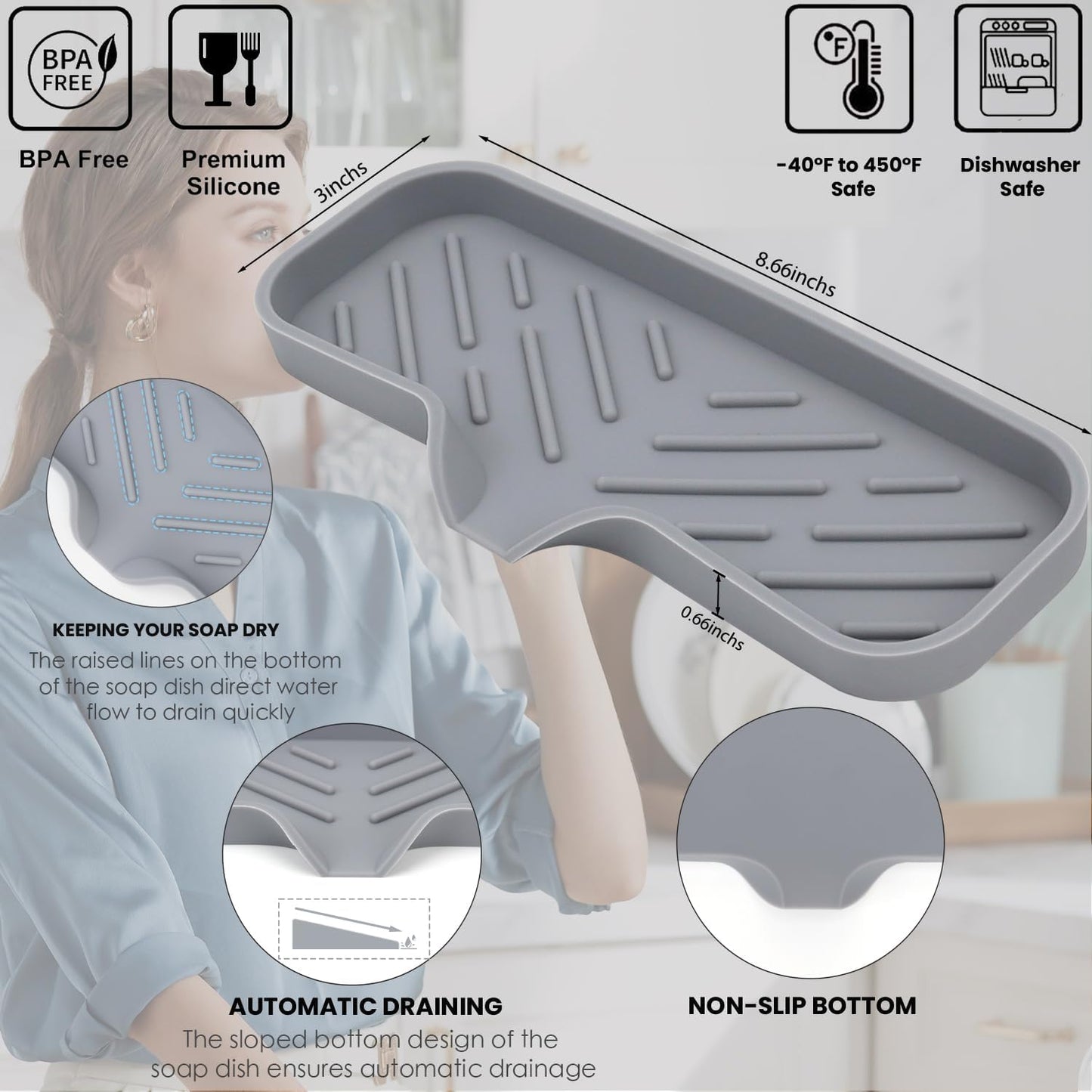 Silicone Bathroom Soap Dishes, Sponge Holder for Kitchen Sink, Shower Soap Holder with Drain, Soap Dispenser Tray, Soap Dish for Bottle, Cup, Sink or Counter Organizer - Gray 9" x 3.15"