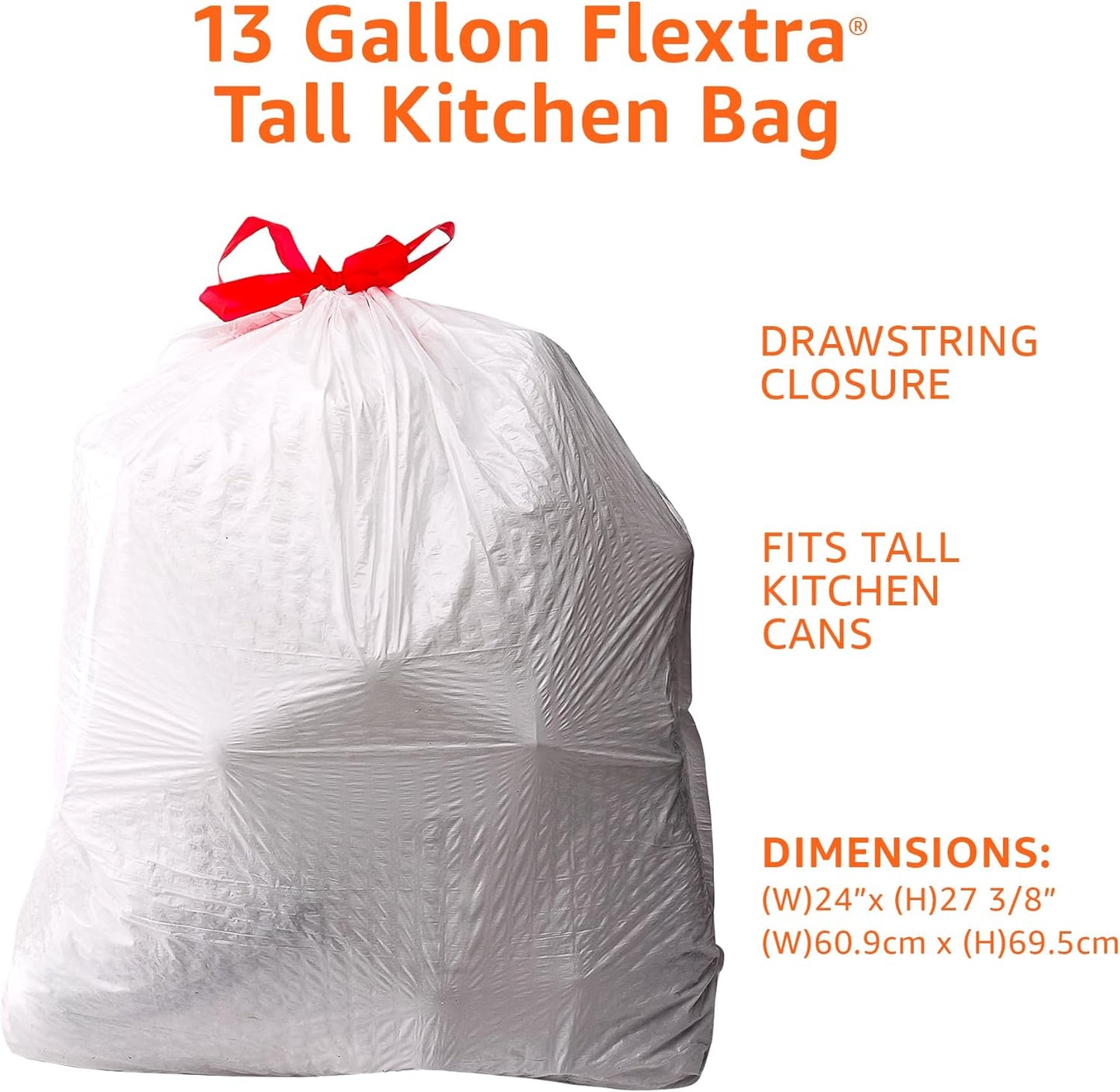 Amazon Basics Flextra Tall Kitchen Drawstring Trash Bags, 13 Gallon, Unscented, 50 Count