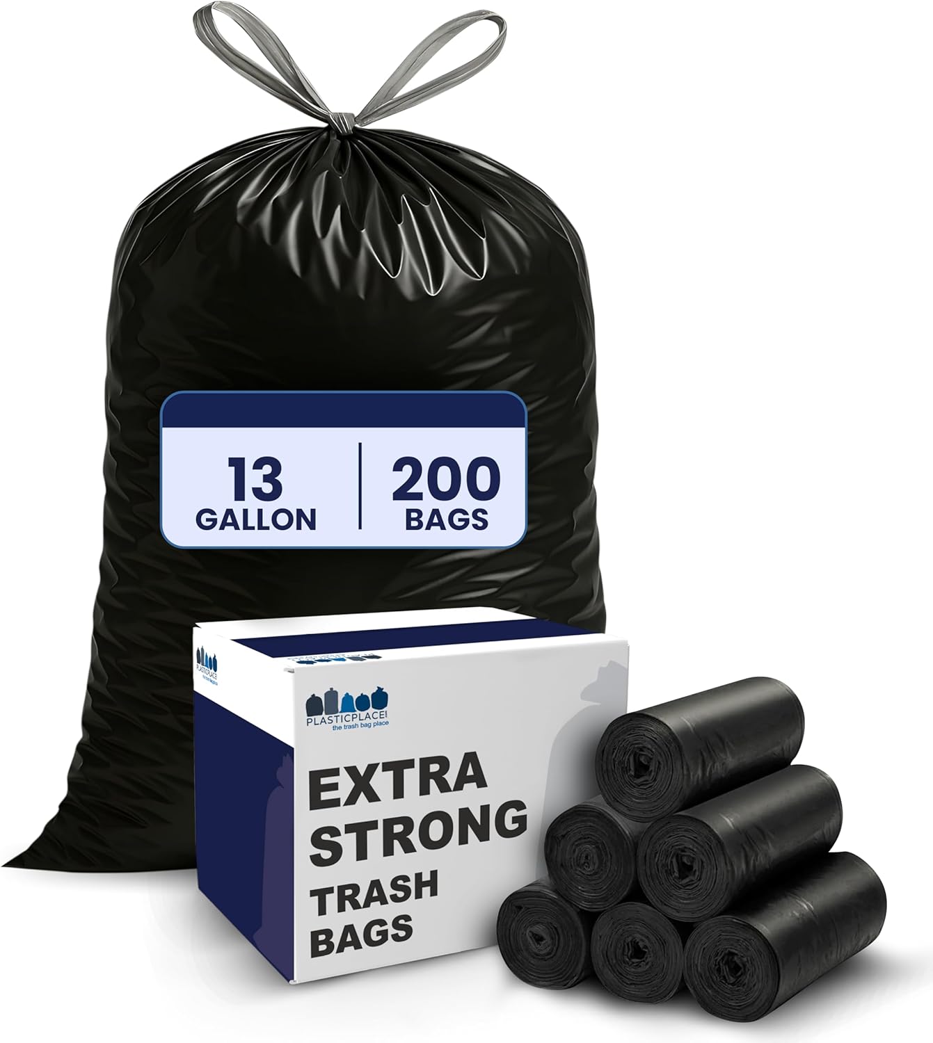 Plasticplace 13 gallon Extra Tall Drawstring Kitchen Trash Bags | Black 1.2 Mil, 24"W x 31"H (200Count)
