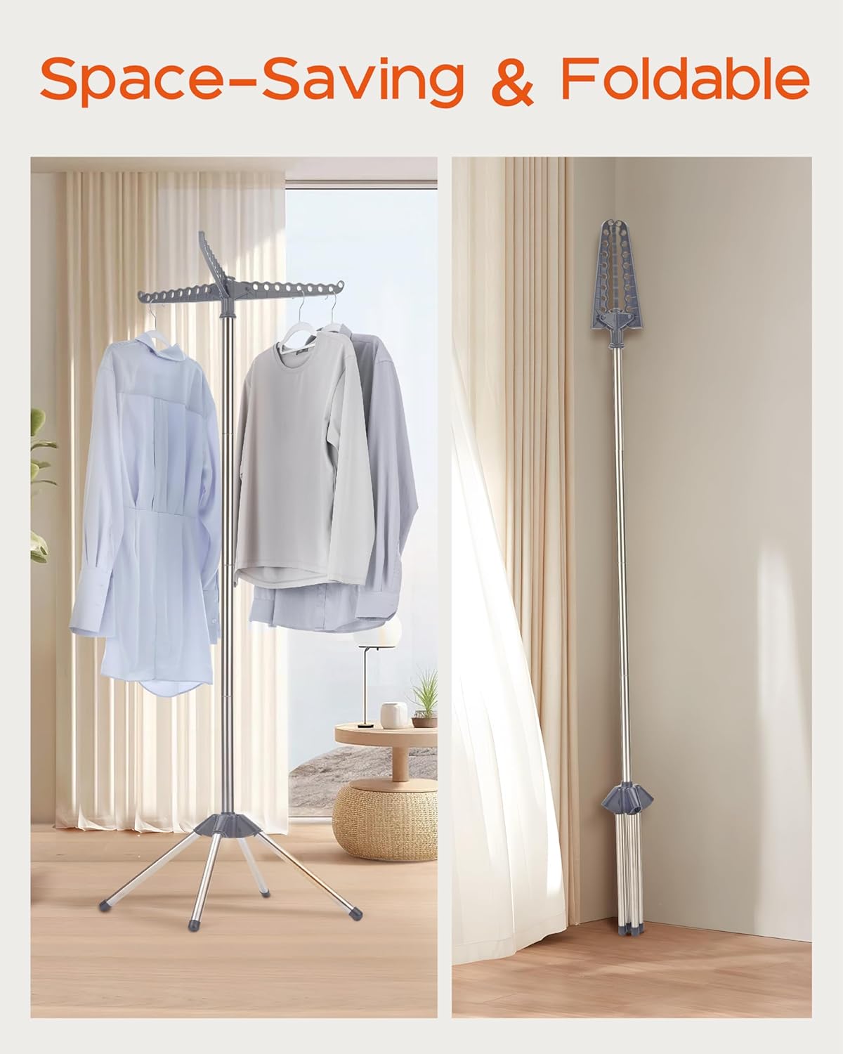 Clothes Drying Rack Foldable, 59 inch Tripod Laundry Drying Rack Indoor with Rotating Clothes Rail for 27 Pieces of Clothes, Space Saving, Stainless Steel, Grey and Silver CDR001G01