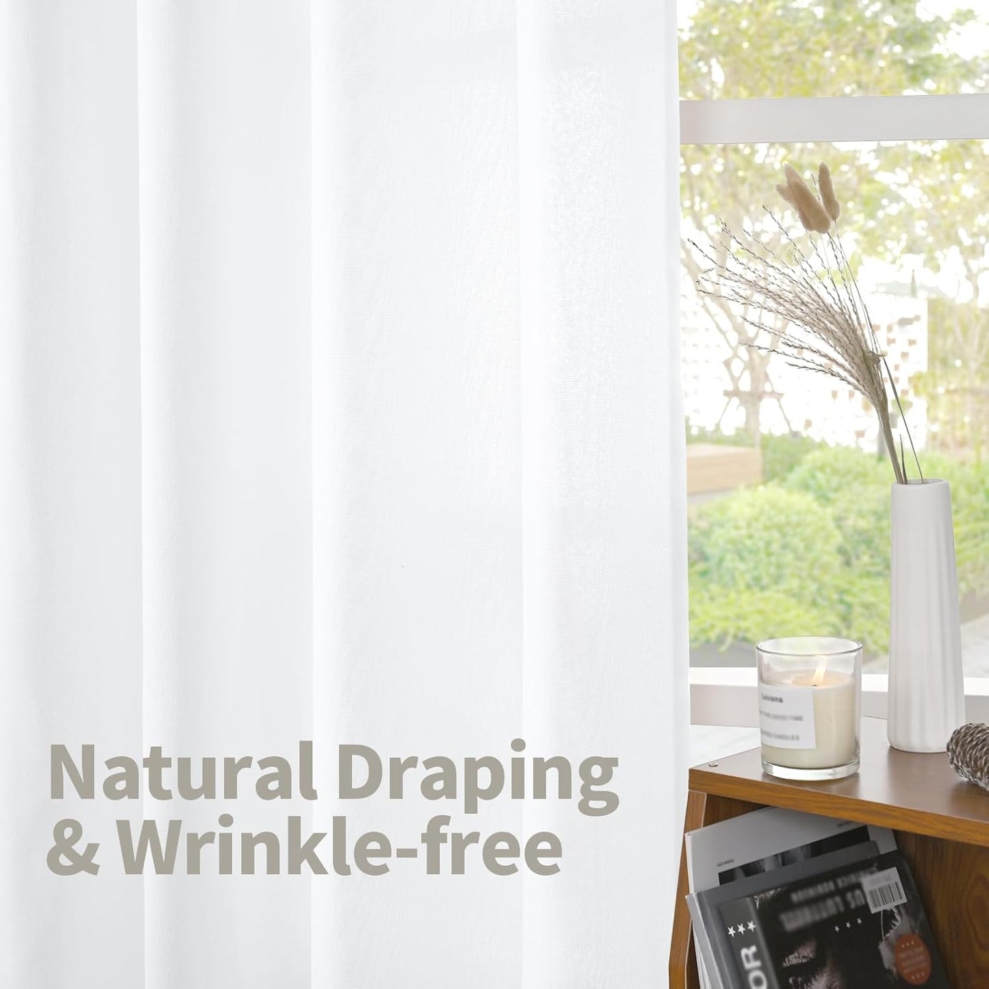 YoungsTex White Linen Semi Sheer Curtains 63 Inch Length for Short Window, Light Filtering Rod Pocket Drapes for Living Room Bedroom Office Rustic Country, 42 X 63 Inch, 2 Panels