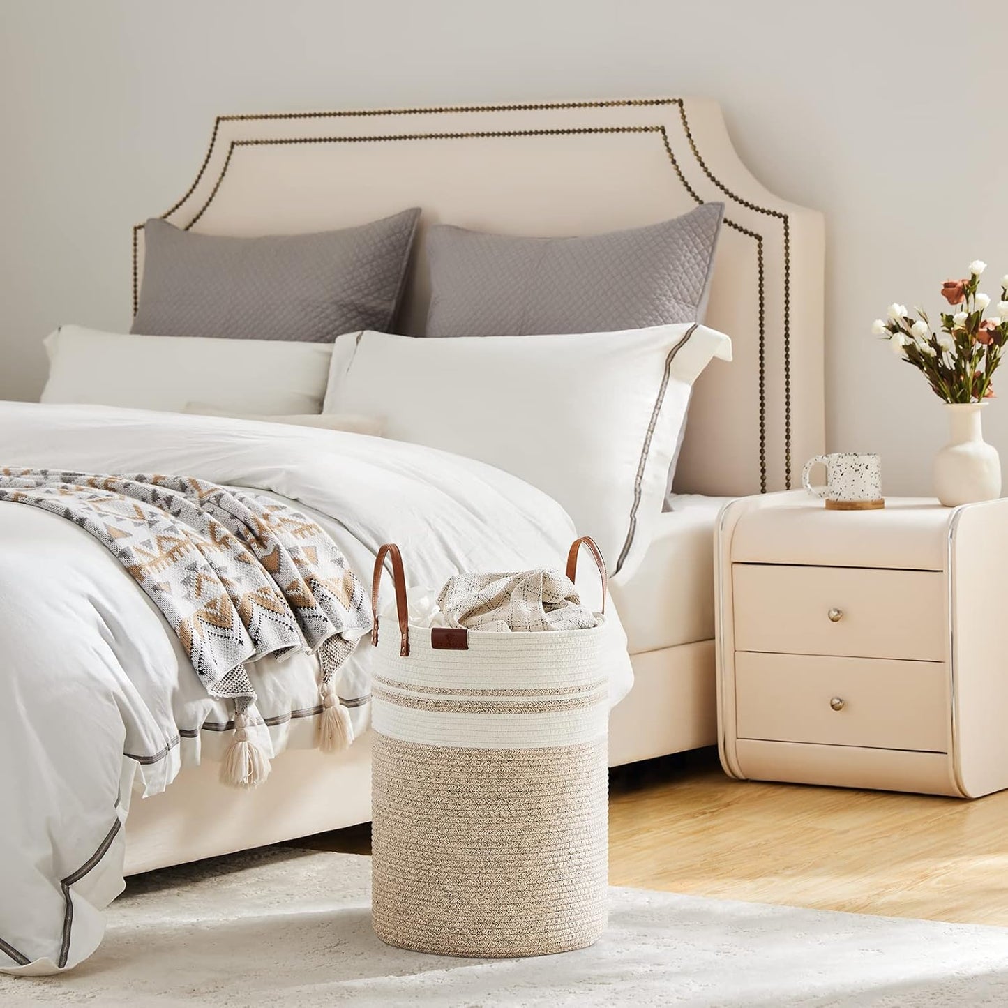 VIPOSCO Small Laundry Basket, Slim Baby Hamper with Leather Handle, Cute Woven Rope Storage Basket for Blanket, Kids Toy, Clothes In Living Room, Bathroom, Bedroom, Nursery Room - 30L Brown & White