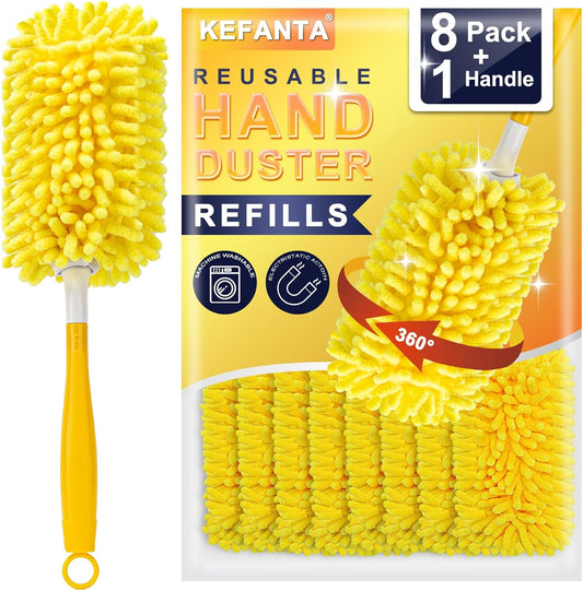 KeFanta Reusable Duster Refill for Swiffer, 360° Heavy Duty Duster Refills 8Pcs with 1 Handle, Washable Microfiber Dusters for Cleaning