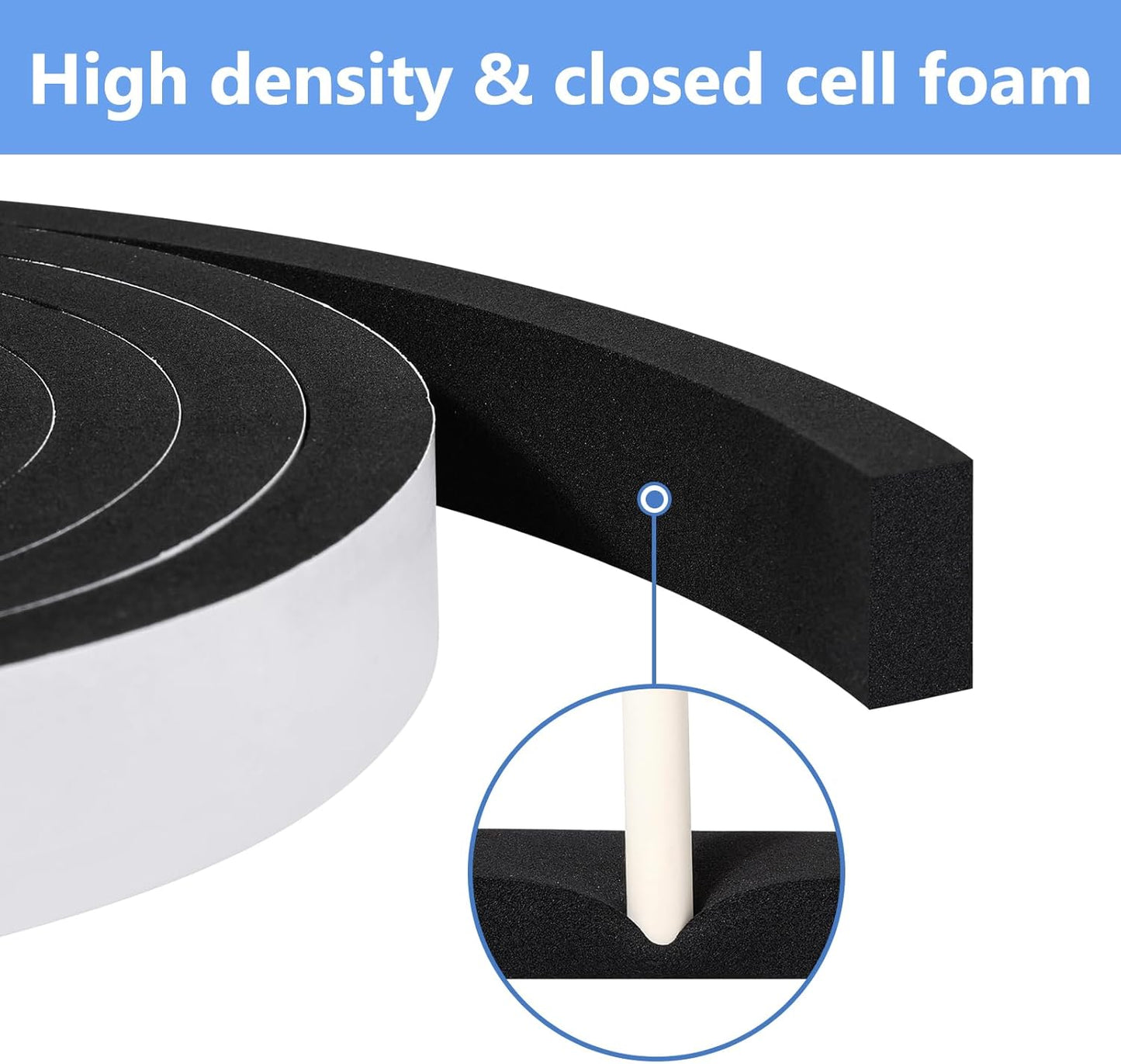Weather Stripping Door Seal Strip- 1/2 Inch X 1/2 Inch X 10Feet, Strong Adhesive, Lightproof, Soundproof, Weatherproof Foam Tape Insulation for Sliding Door, Front Door Frame, Windows- Black