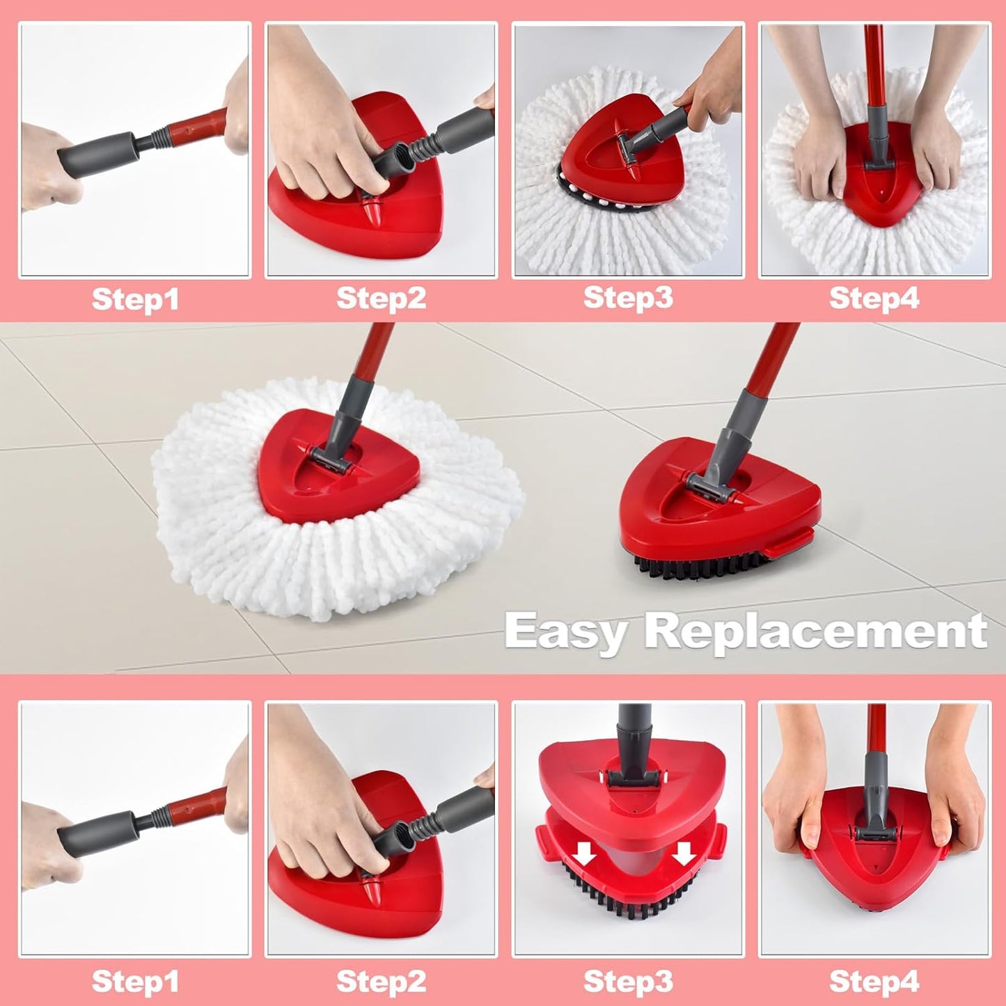 Spin Mop Heads Replacements for O Ceda EasyWring 1-Tank System, 3 Microfiber Mop Head Refills, 4-Section Iron Handle, 1 Base and 1 Scrub Brush Combo Set for Floor Cleaning