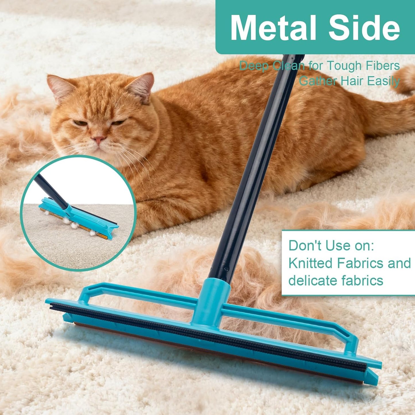 Carpet Rake for Pet Hair Removal Tool, Reusable Pet Hair Remover Broom with 56” Long Handle, Cat & Dog Hair Carpet Scraper for Rugs Mats Couch
