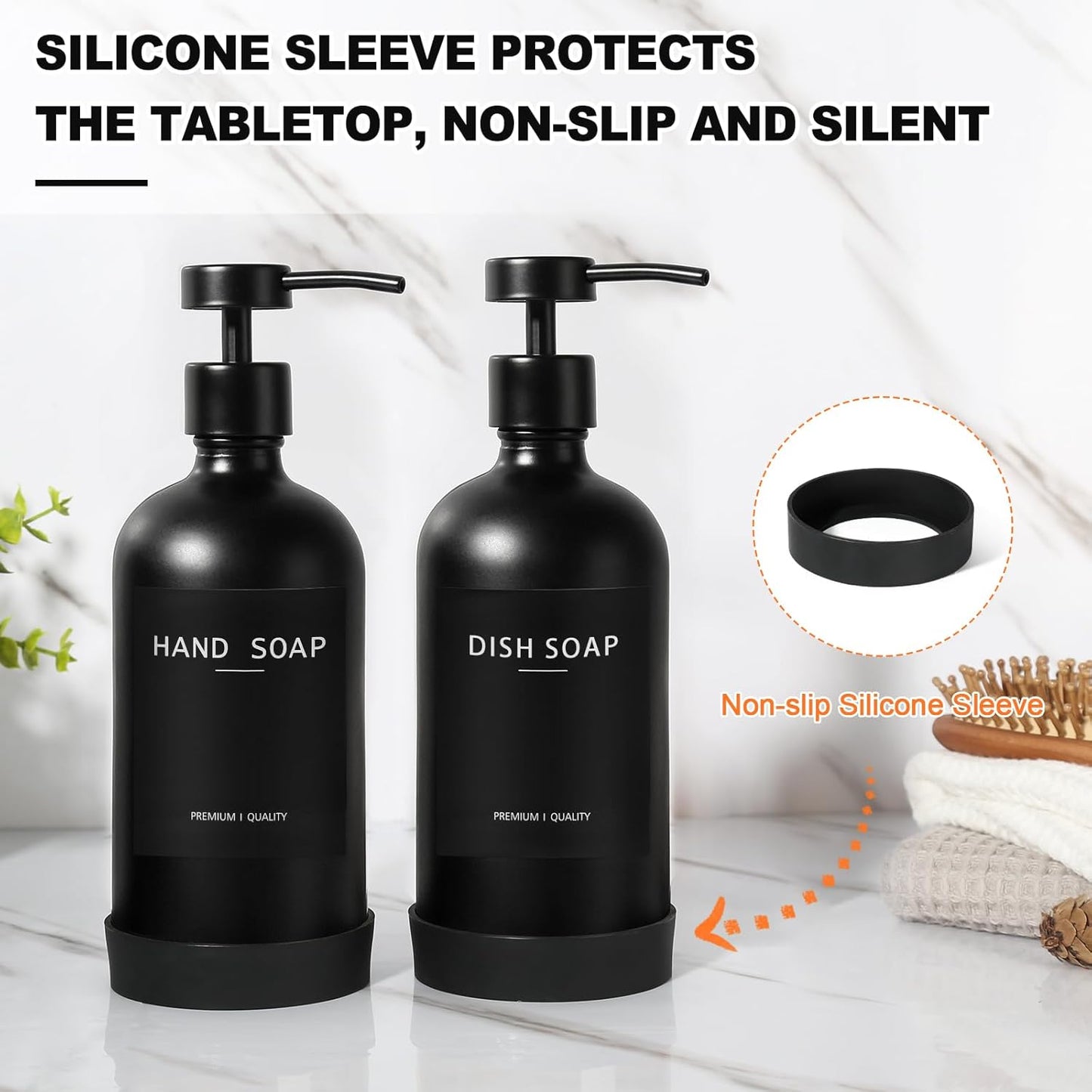 Black Glass Soap Dispenser with Stainless Steel Pump, 16.9 Fl oz Soap Dispenser Set for Kitchen, Matte Black Hand Dish Soap Dispensers for Kitchen and Bathroom, Lotion Dispenser Bathroom Decor