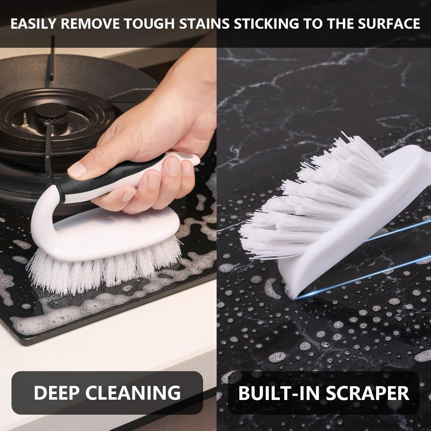 Scrub Brush Set, 4 Pack Deep Cleaning Brush Kit - 2 Scrub Brush, 2 Tile & Grout Brush with Built-in Scraper, Household Commercial Scrubber for Floor, Shower, Pool Wall, Tub (Black)
