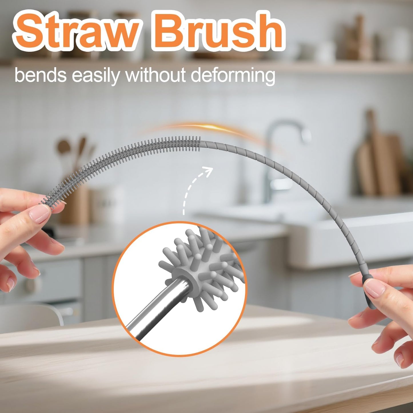 YOTIME Silicone Straw Cleaner Brush, 2 Pcs Reusable Straw Brush(6mm+9mm) for Cleaning Narrow & Wide Straws, Tumblers, Gray
