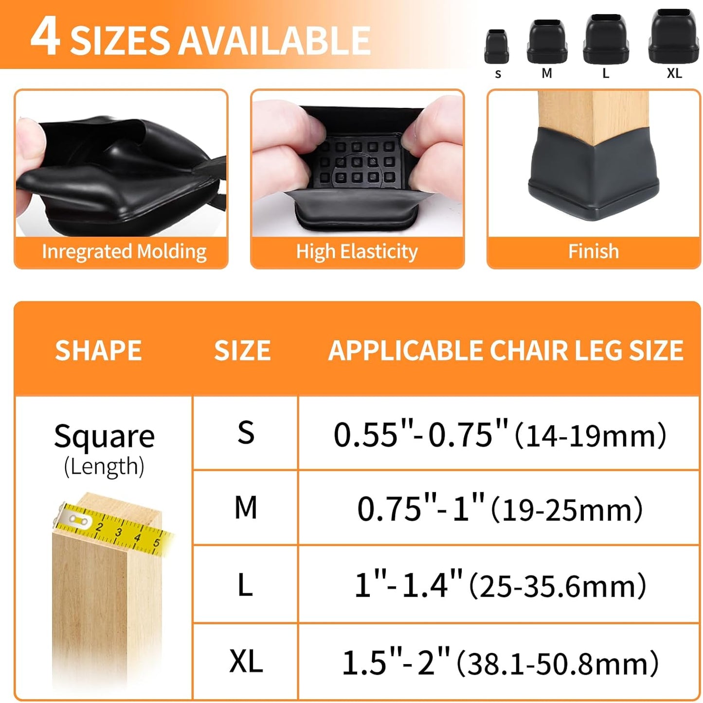 Ezprotekt 24 Pcs Large Chair Leg Sliders for Carpet, Square Black Teflon Furniture Glides Pads Caps for Rug, Bar Stool Leg Protectors Covers for Table, Chair, Sofa Legs (XL Fit: 1.5" - 2")