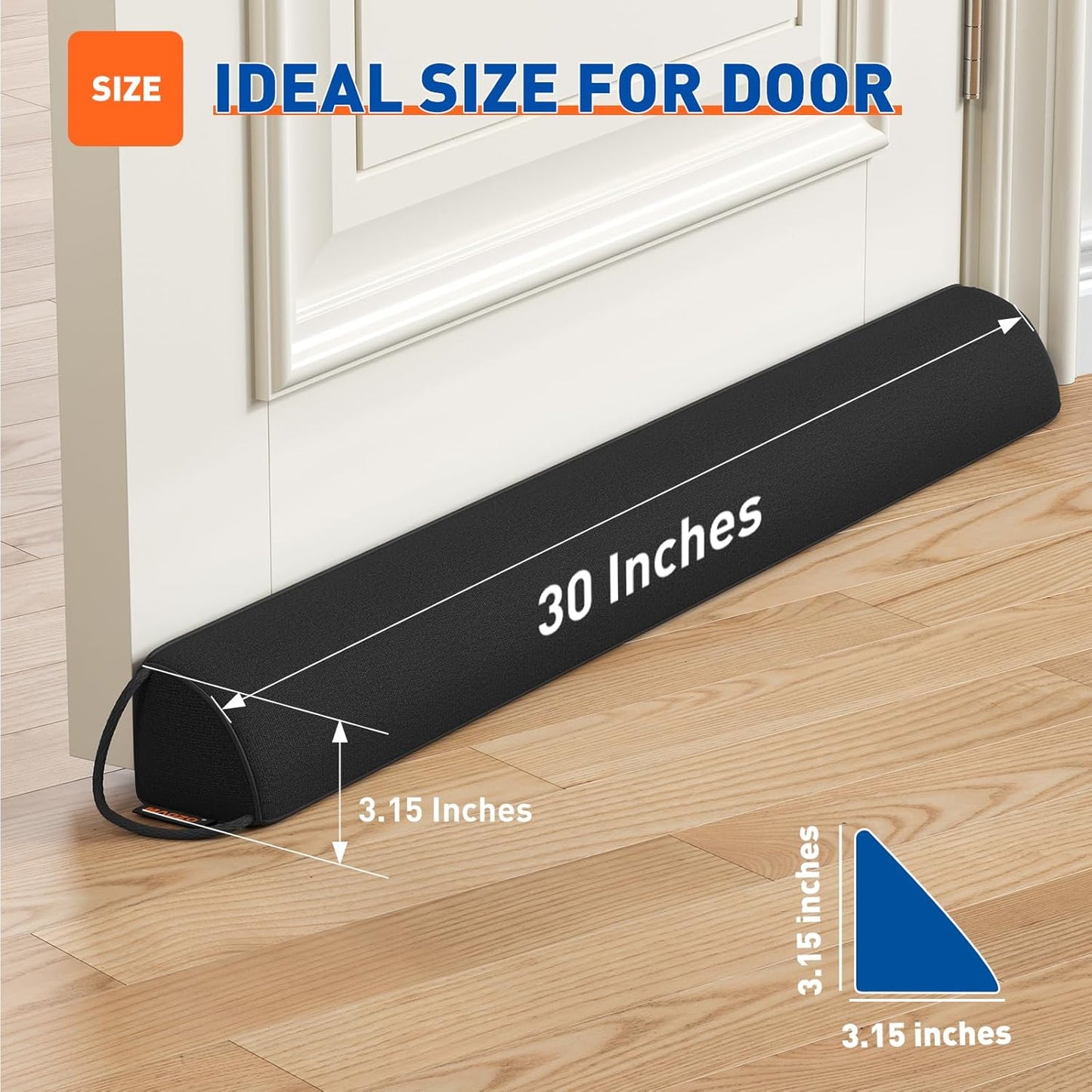 MAGZO Door Draft Stopper 30 Inches, Weighted Triangular Door Snake for Winter Noise Blocker with Hook Loops,Black