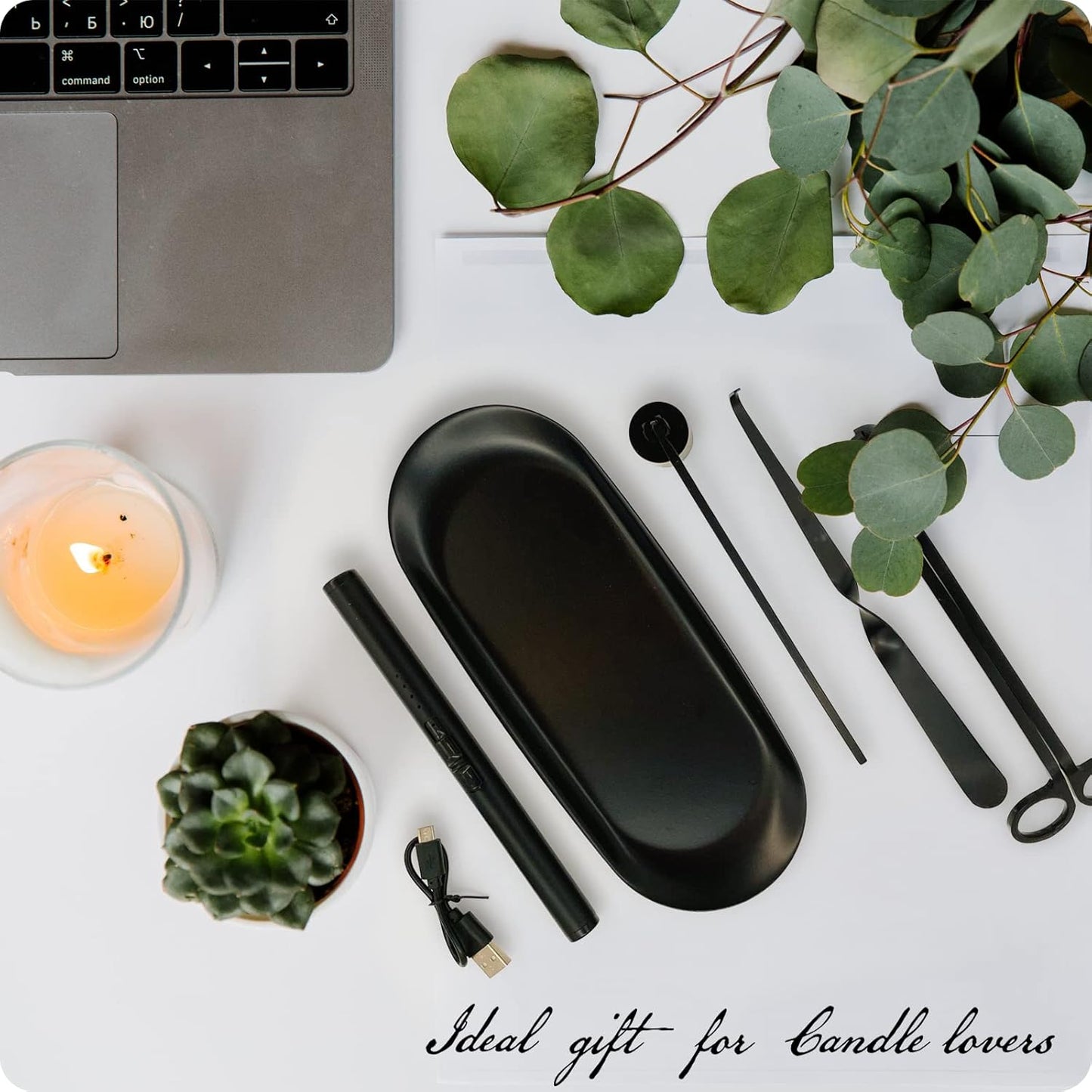Exquisite Candle Accessories Tool Pack Bag, Rechargeable Electric Lighter， Wick Trimmer, Dipper, Snuffer and Tray Holder Elegant Kit Gift for Candle Lovers in Dating, Valentines Decor. ( Matte Black )
