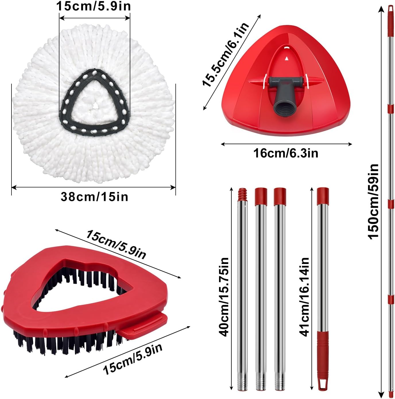 Spin Mop Handle Mop Heads Mop Base Mop Scruby Brush Replacement Sets Combo Compatible with Ocedar EasyWring 1 Tank Spin Mop System (1 Sets Stainless Steel Mop Handle +2 White Heads +1 Base +1 Brush)