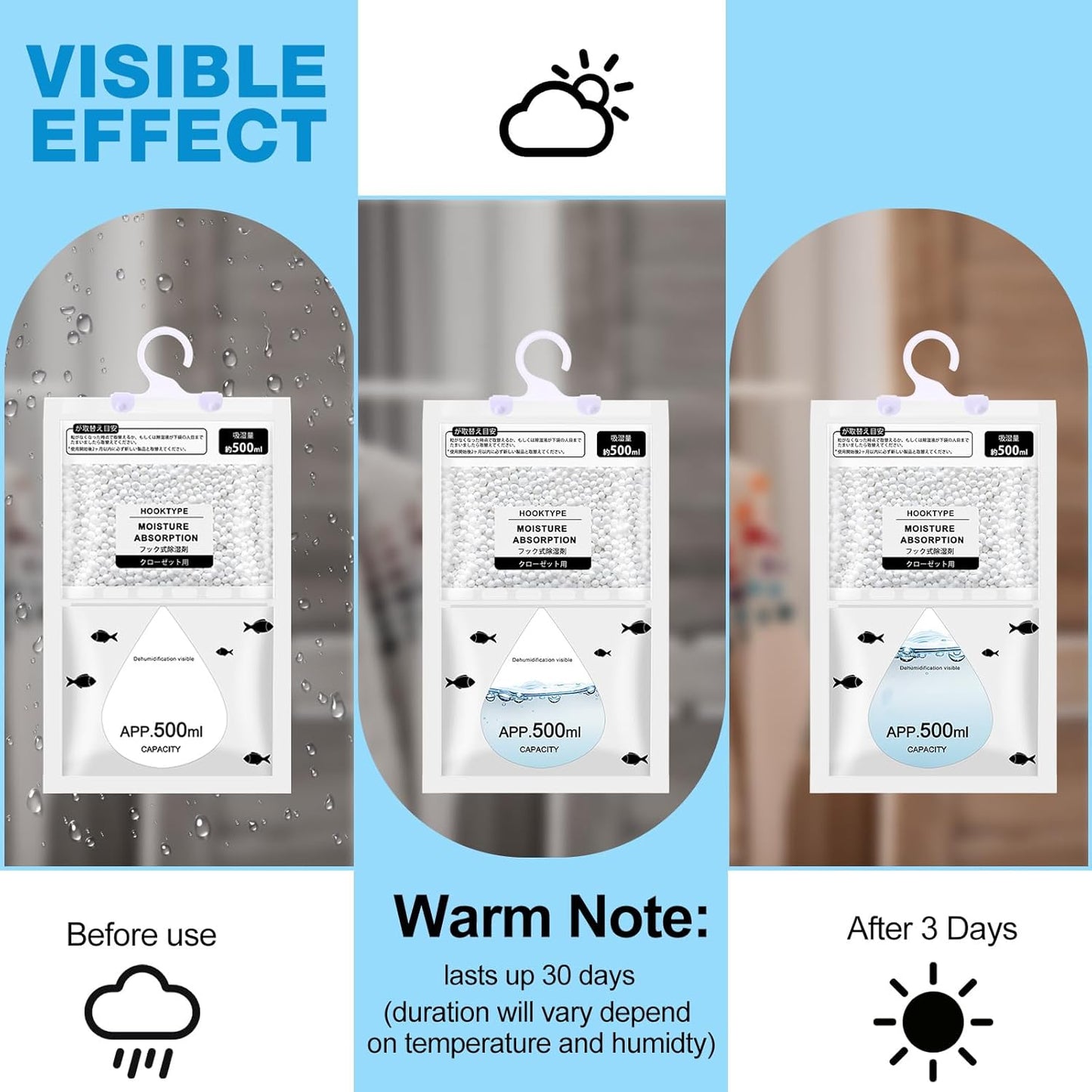 Nuanchu 30 Pack 500 ml Moisture Absorber Hanging Closet Dehumidifier Bags Unscented Hanging Humidity Absorber Desiccant Moisture Absorb in Wardrobes Bedrooms Bathrooms Kitchen