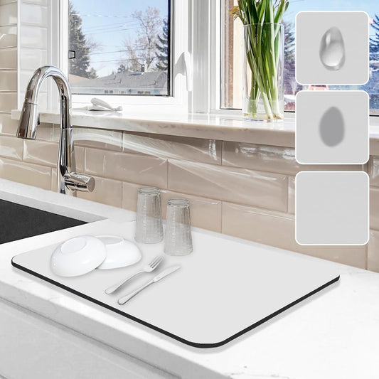 Dish Drying Mat for Kitchen Counter, 12"x19" Dish Drying Pad with Non-slip Rubber Backed, Hide Stain Anti Absorbent for Kitchen Counter, Drying Mat for Coffee Machine Dish Rack (Light Grey)