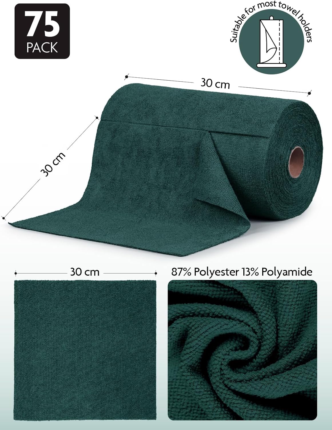 Fantasticlean Microfiber Cleaning Cloth Roll -75 Pack, Tear Away Microfiber Towels, 12" x 12", Reusable, Washable, Scratch Free, Ultra Absorbent for Car, Home Supplies (Forest Green)