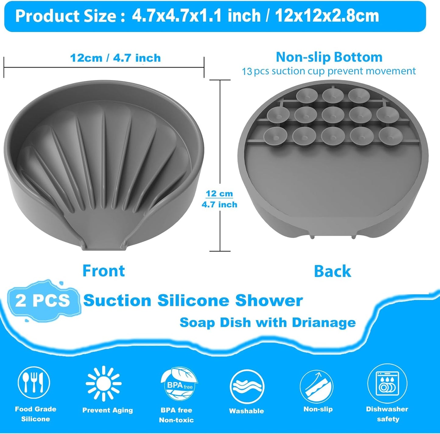 Self Draining Soap Dish, Silicone Suction Cup Soap Holder Tray Savers Container Sponge Holder for Bar Bathroom Shower Kitchen Sink, Can Extend Soap Life (2, Gray)