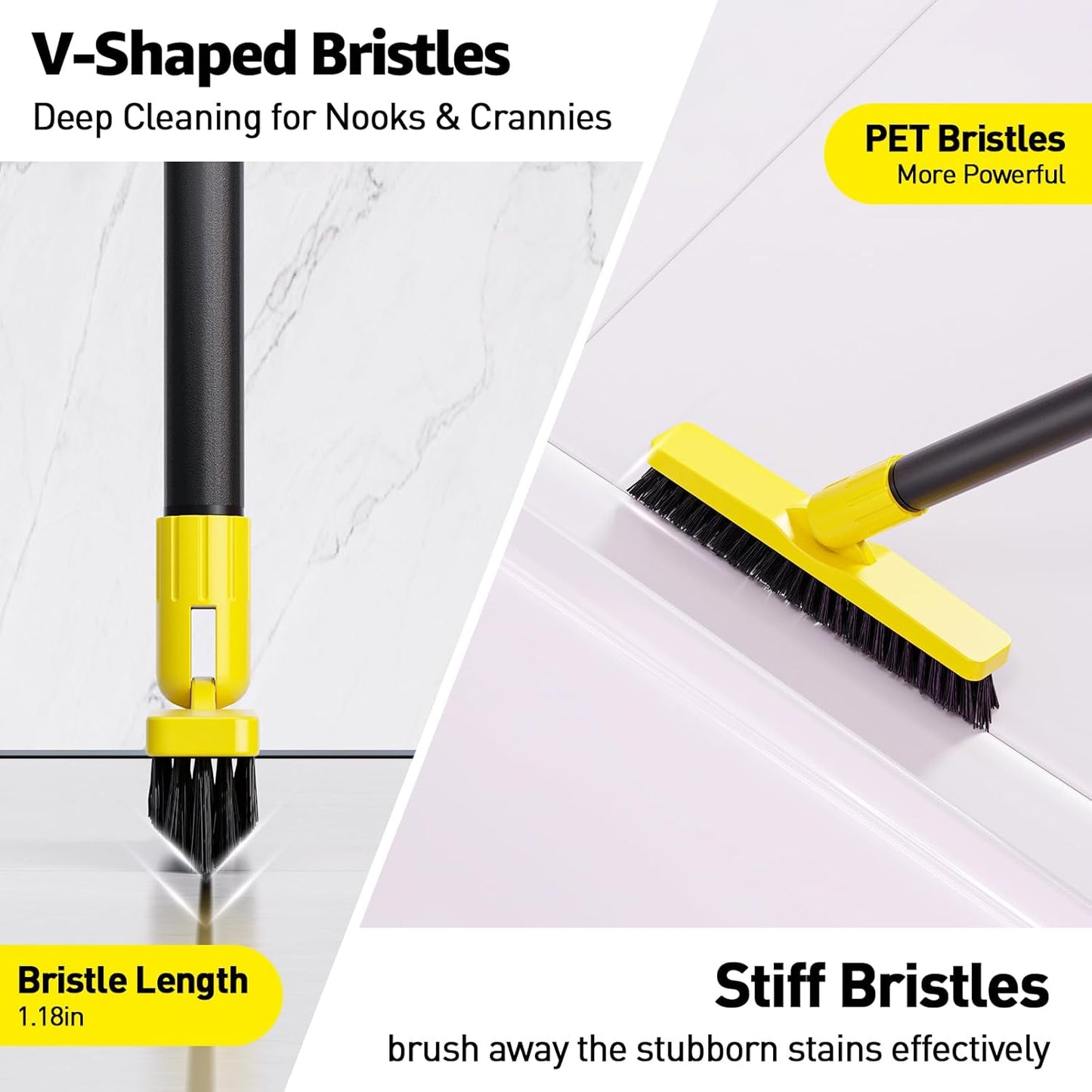 Grout Brush with Long Handle, Rotation Tile Grout Cleaning Tool, Wall Cleaner Mop, Baseboard Scrubber with 1 Chenille Duster for Painted Walls, Floor and Corners, V-Shape Shower Scrubber Cleaner -59in