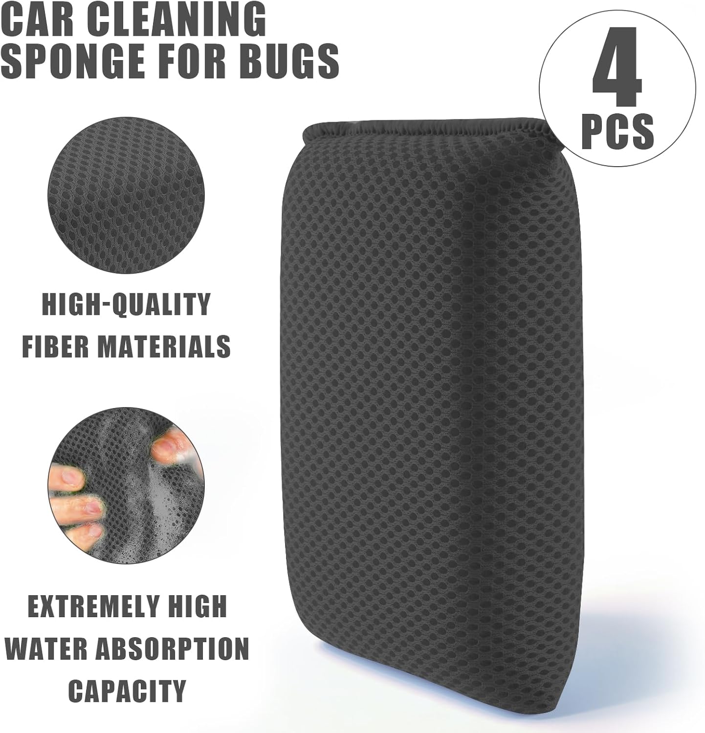 4 PCS Bug Scrubber Sponge Car, Bug Remover Wash Sponge，Car Cleaning Sponge for Bugs, Tar, Grime - Paint-Safe, Reusable Wash Sponges Kit(Gray)
