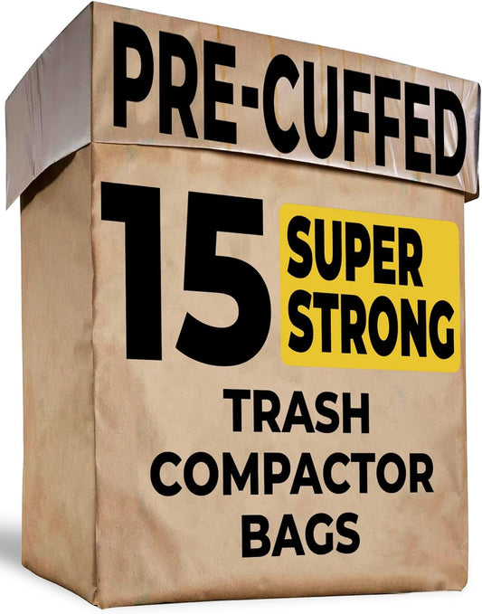Trash Compactor Bags for Kitchen - 15 PACK - Pre-Cuffed, Super Strong & Heavy Duty Kitchen Trash Bags with Leak Proof Plastic Liner, Fits GE Model Compactors with Rectangular Containers