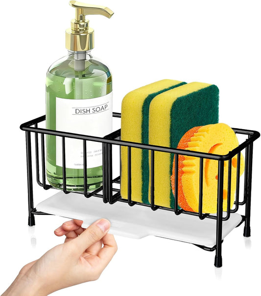Kavciva Sink Caddy Sponge Holder,304 Stainless Steel Dish Brush Holder,Kitchen Countertop Sink Rack,Dish Soap Holder,Dishwashing Tool Drying Tray with Adjustable Partitions,Essential Kitchen Shelves