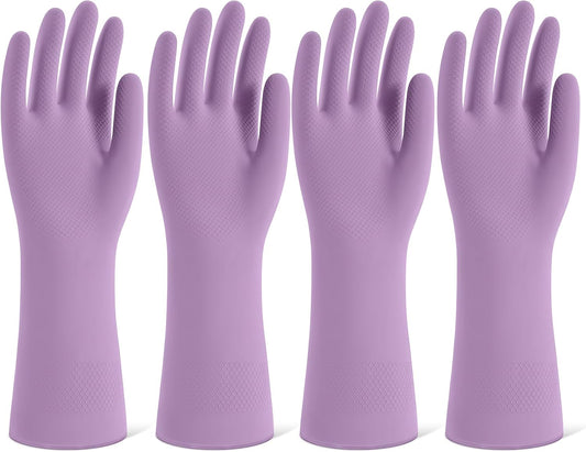 Rubber Cleaning Gloves for Dishwashing, 4 Pairs Reusable Kitchen Gloves for Washing Dishes and Household Cleaning, Purple Dish Gloves with Flocked Lining and Non-Slip Grip, Pefect for Woman Men - S