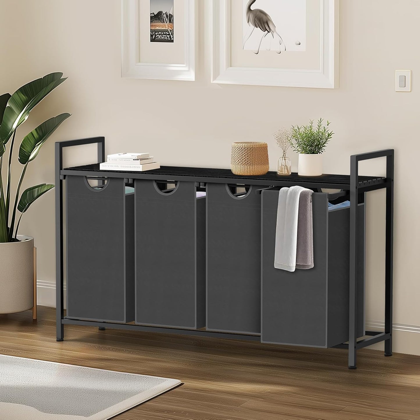 Laundry Hamper, Laundry Sorter with 4 Pull-Out Removable Oxford Fabric Bags Cloth Laundry Basket 4 x 10 Gallons (Grey and Charcoal Black)