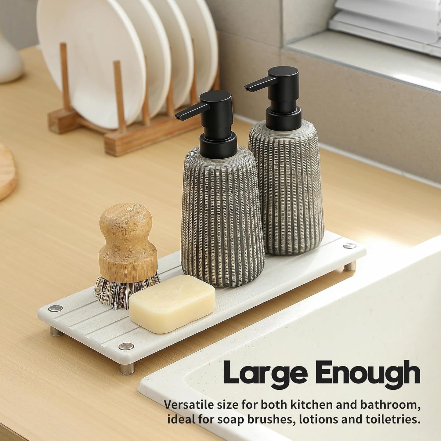 Instant Dry Sink Caddy Kitchen Sink Organizer, Quick Drying Stone Tray Diatomite Sponge Holder Soap Dish, Bathroom Countertop Fast Dry Water Absorbing Vanity Rack, Beige,12" x 5"