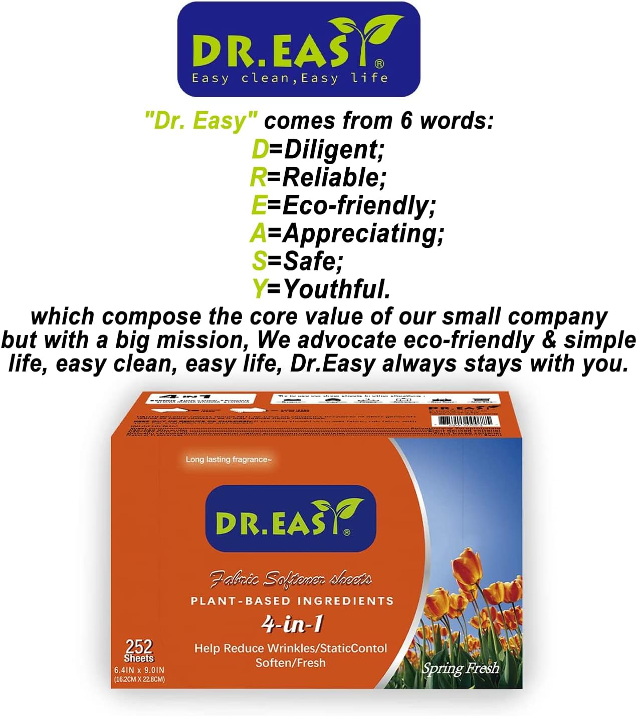 DR.EASY Dryer Sheets Plant Based Formula 252 Ct Fabric Softener sheets for Laundry Spring Fresh Essential Oil Scented No Artificial Fragrances No Dyes Reduce Static & Wrinkles Help Repel Pet Hair