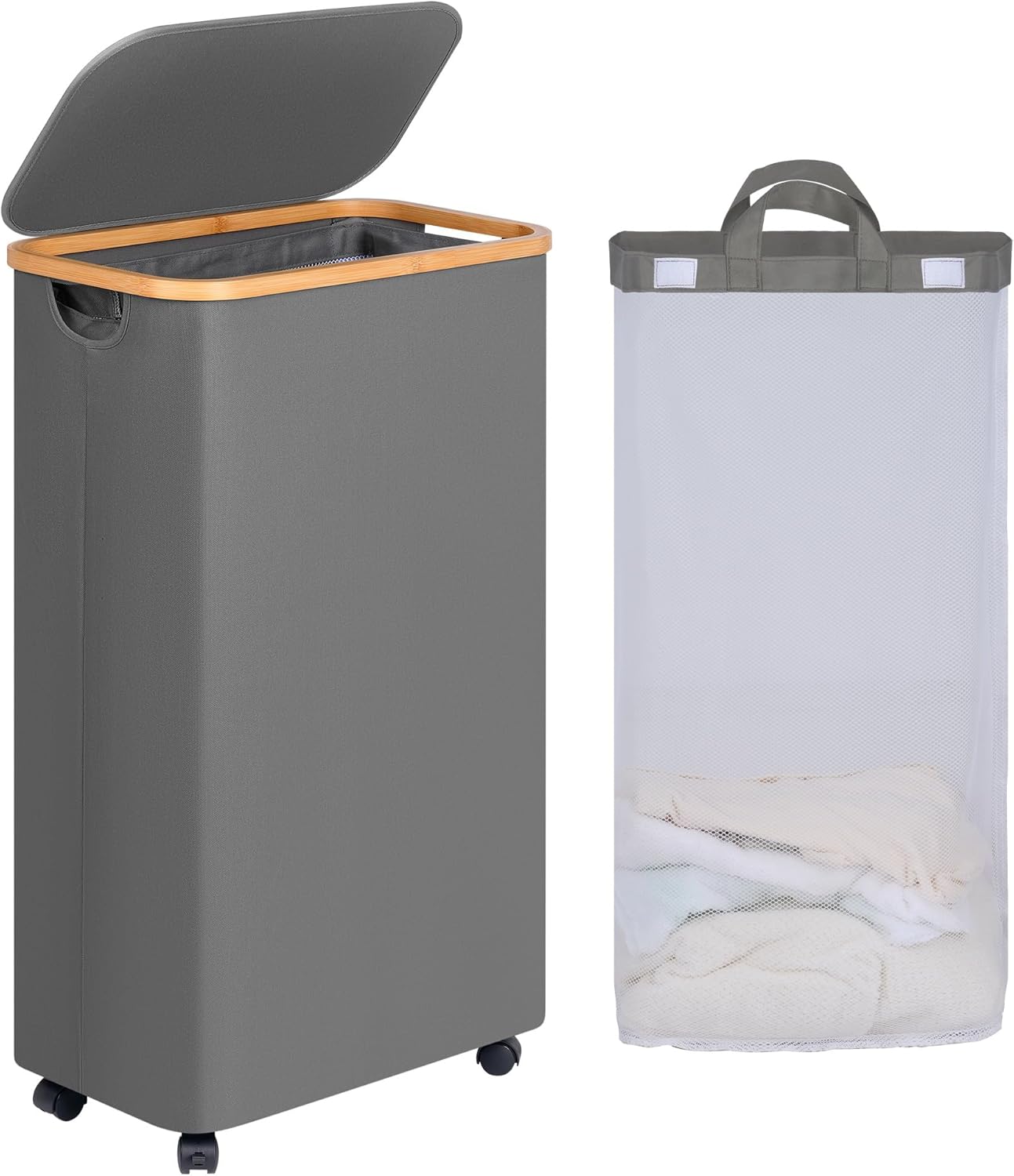 efluky Slim Laundry Basket with Wheels, Narrow Rolling Laundry Hamper with Lid and Removable Bag, Tall Aesthetic Dirty Clothes Hamper on Wheels for Laundry Room, Bedroom, Dorm and Bathroom, 75L Grey