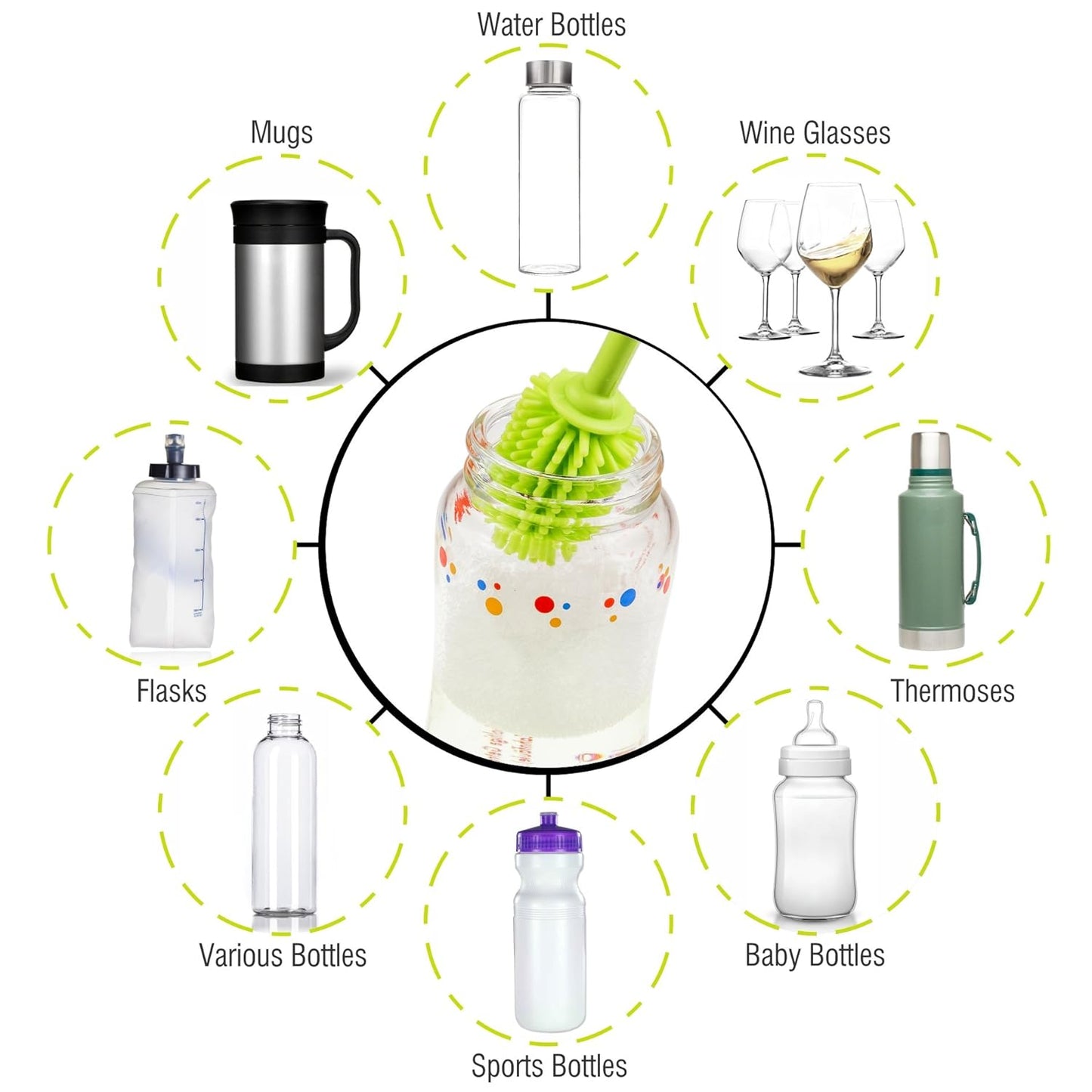 A-Brush Silicone Bottle Cleaner Brush, Flexible, Long Handle - Water Bottle Cleaner, Baby Bottle Nipple Brush for Plastic & Glass, BPA-Free Dish Washing Brush A2S Protection