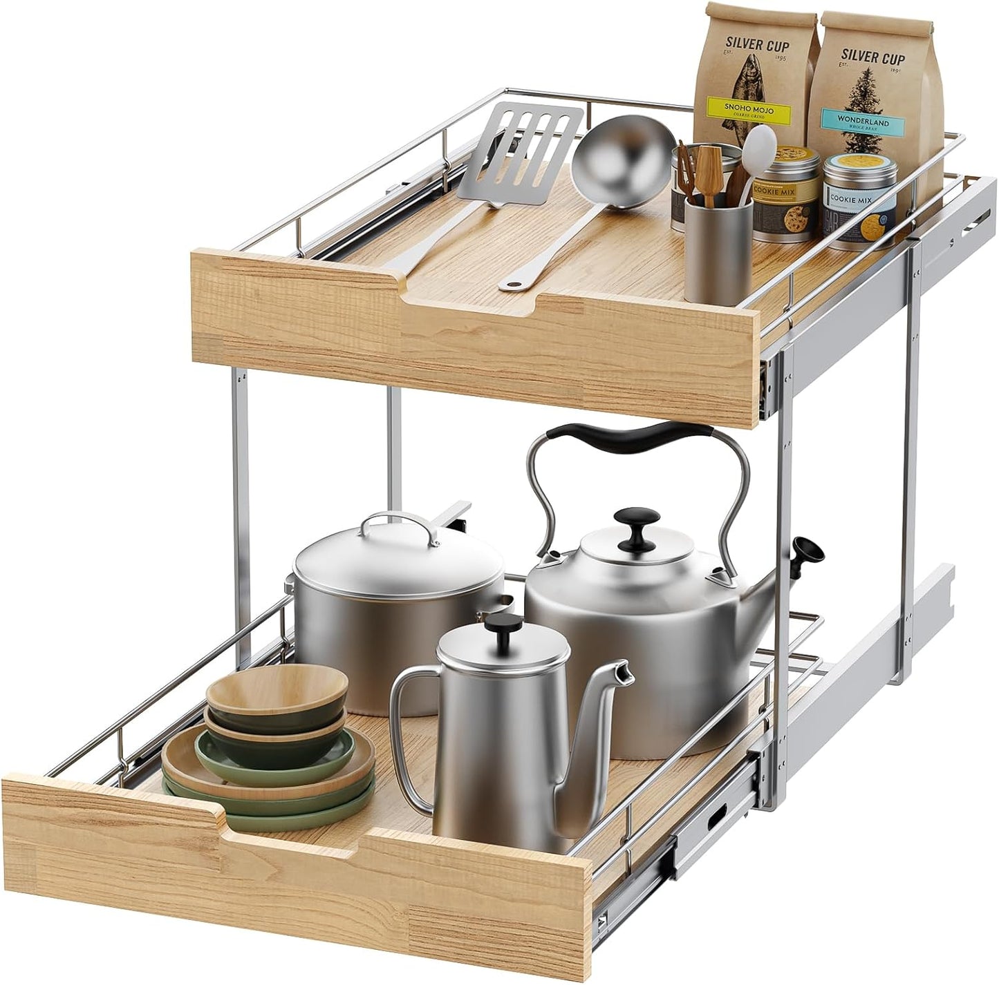 Pull Out Cabinet Organizer,Heavy-Duty Slide Out Shelf, Wood and Wire Basket, Pull Out Drawer for for Kitchen Under Sink Space, Pantry, Bathroom, 2 Tie 23 * 21 in