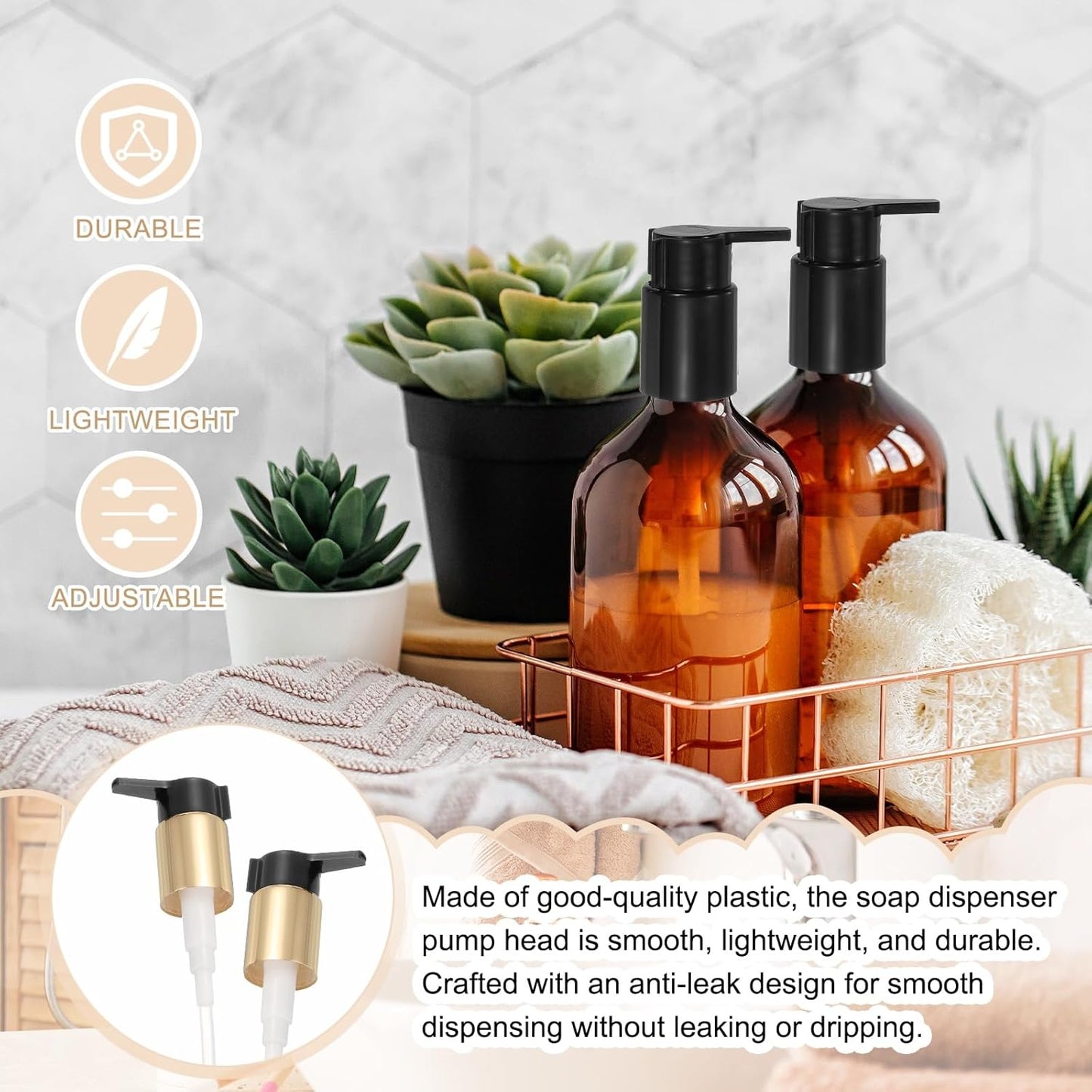 uxcell 4 Pcs Soap Dispenser Pump Heads, Hand Soap Dispensers Top Pumps Replacement Clip-on Pumphead for Standard 24/410 Neck Size Bathroom Lotion Shampoo Bottle, Gold Black