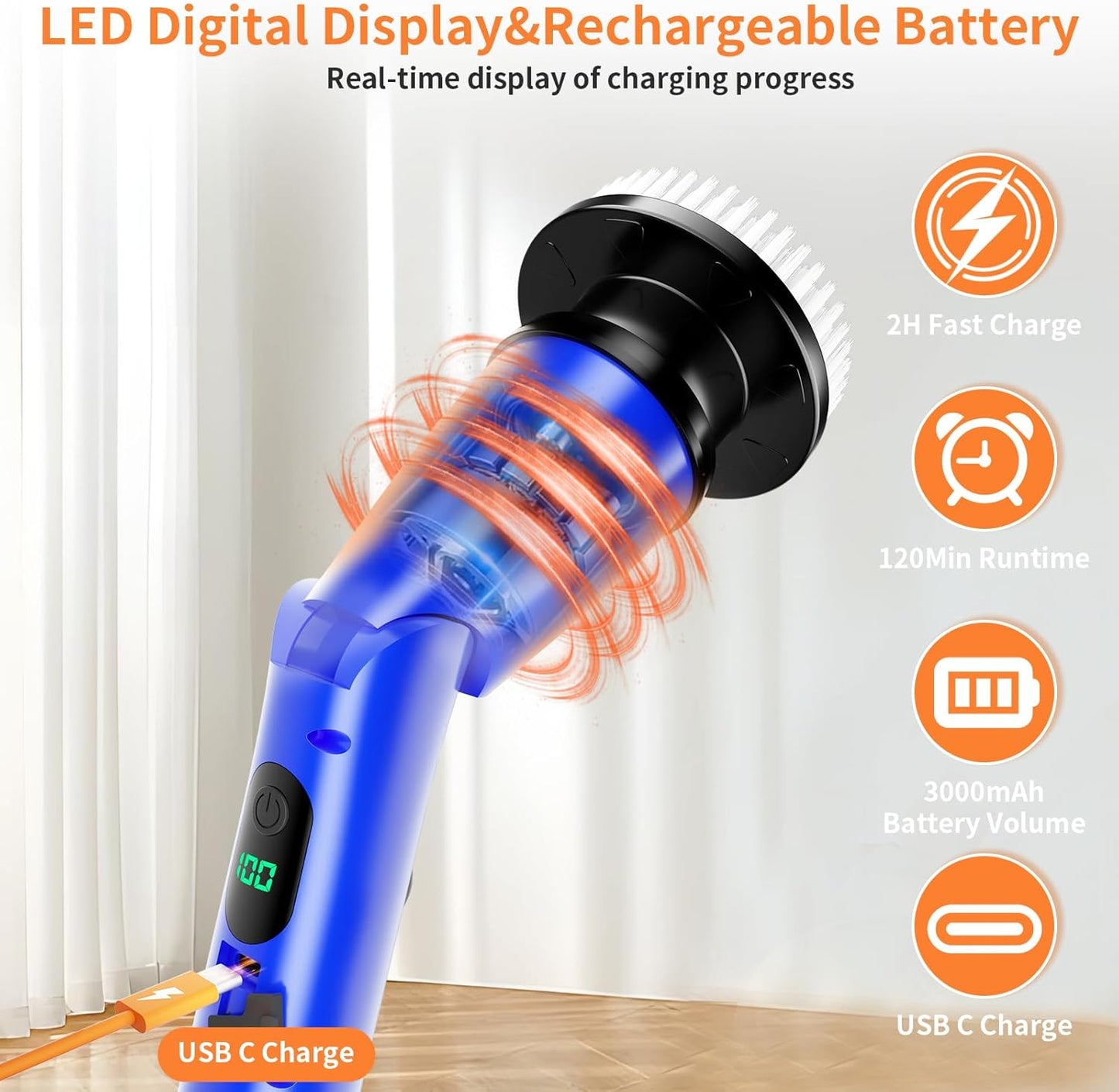 11 in 1 Electric Spin Scrubber Cordless Cleaning Brush 3 Adjustable Angles 2 Adjustable Speeds LED Display Shower Cleaner Brush Supplies Extension Long Handle for Bathroom Floor Tile Toilet Waterproof