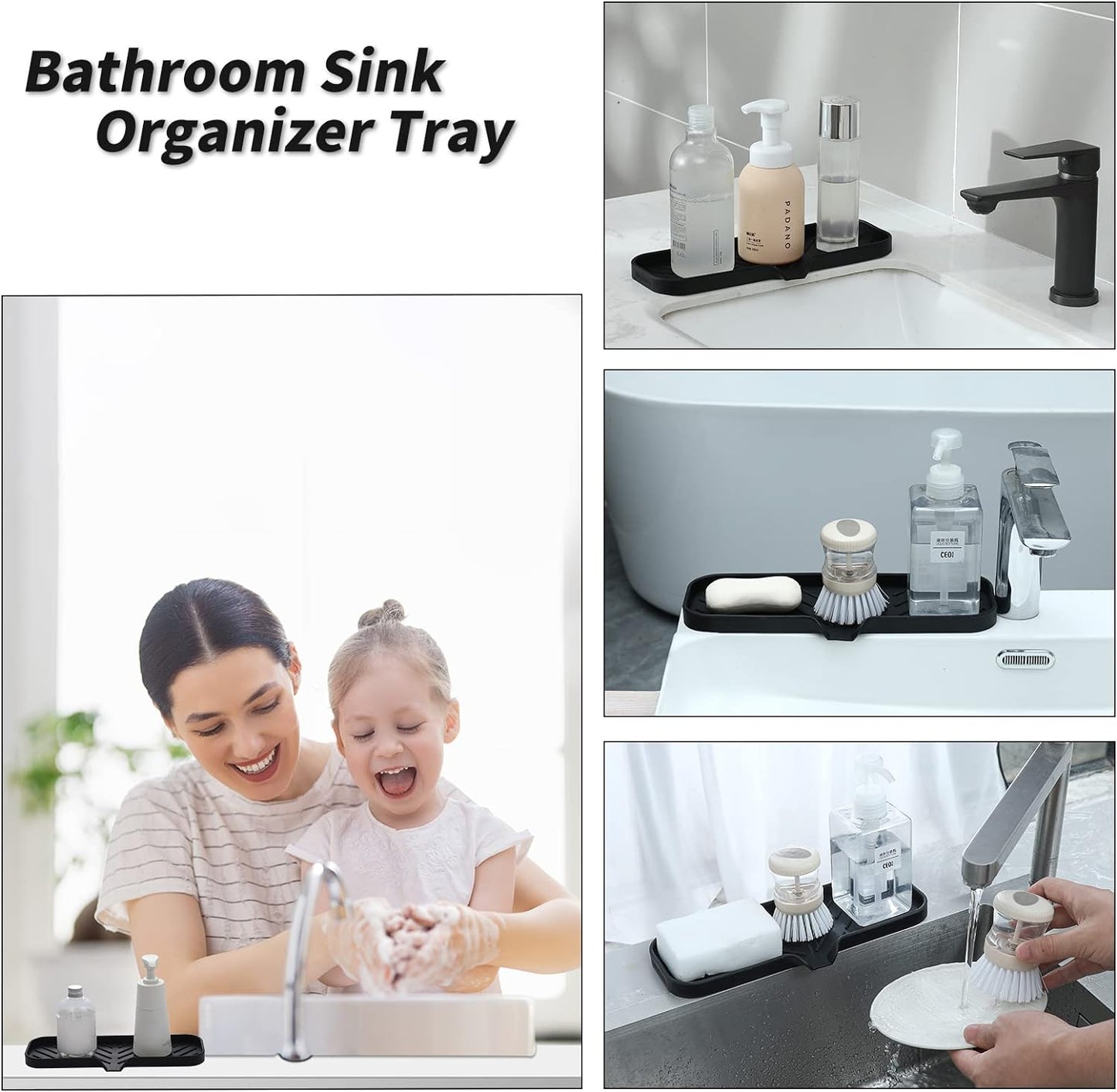 Silicone Bathroom Soap Dishes with Drain Spout-Bathroom and Kitchen Sink Organizer,Sponge Holder,Dish Soap Tray,Perfect for Dispenser,Scrubber,Bottle,Cup on Sink or Counter-Black 12"×4"