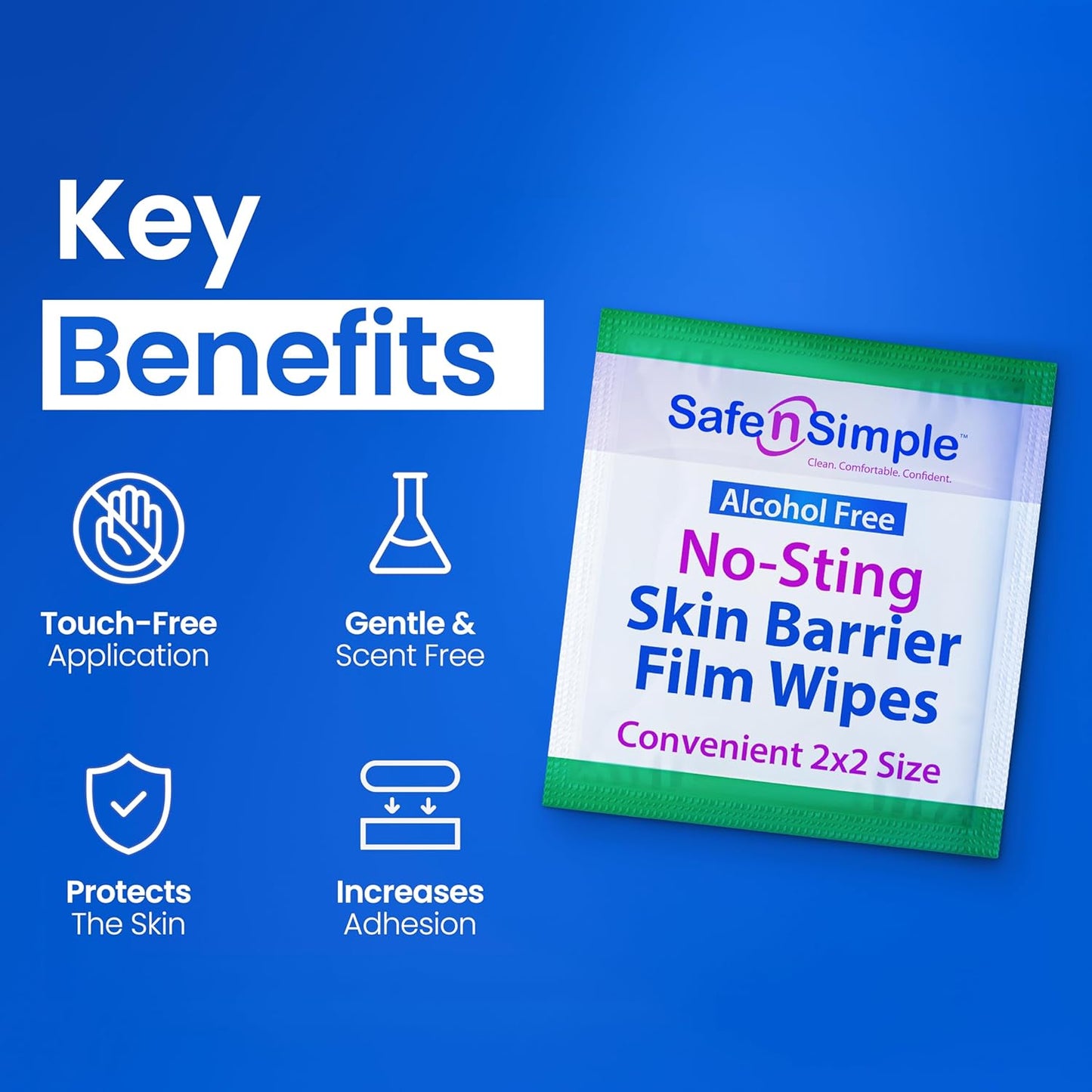 Safe n' Simple No Sting Skin Prep Wipes - 100 Individual Ostomy Barrier Film 2.4" x 2.4" - Skin Barrier Film Wipes for Ostomy - Protective Sting Free Skin Barrier