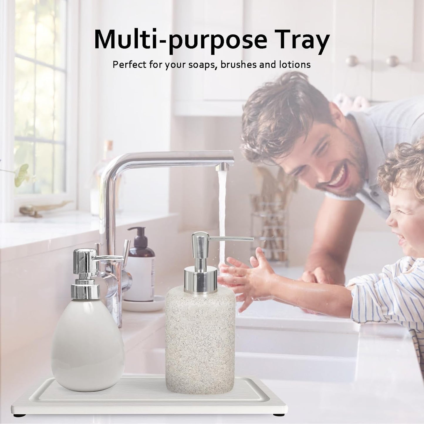 2 PCS Fast-Drying Stone Trays for Bathroom Sink & Kitchen Counter, Water Absorbing Diatomite Sink Coasters, Vanity Tray, Hand Soap Holder with Anti-Skid Pads (9.5" x 4.7" White)