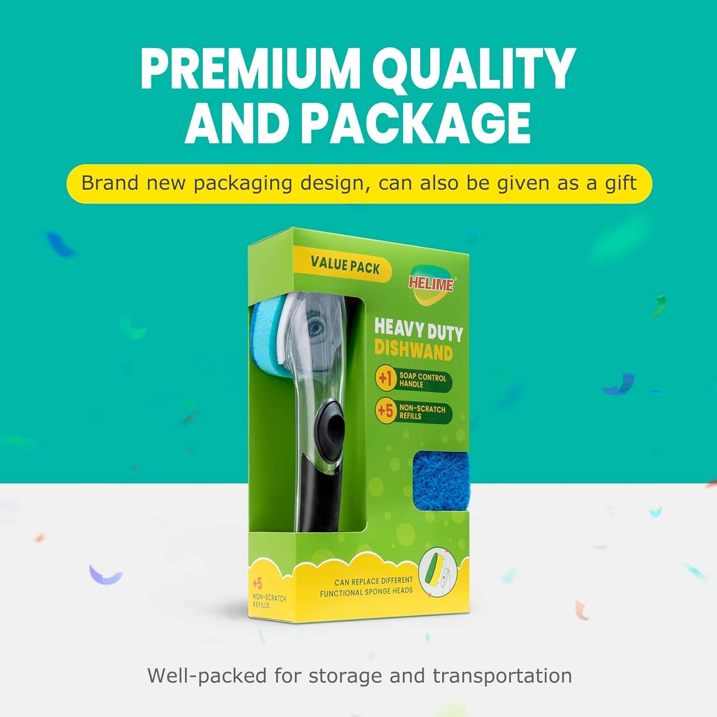 Heavy Duty Dishwand with Refills, Dish Wand Replacement Sponge Heads with Handle, Soap Control Dispenser Leak-Free Scrub, Non-Scratch Advanced Scrubber Brush Pads for Cleaning Dishes Sink Washing Tool