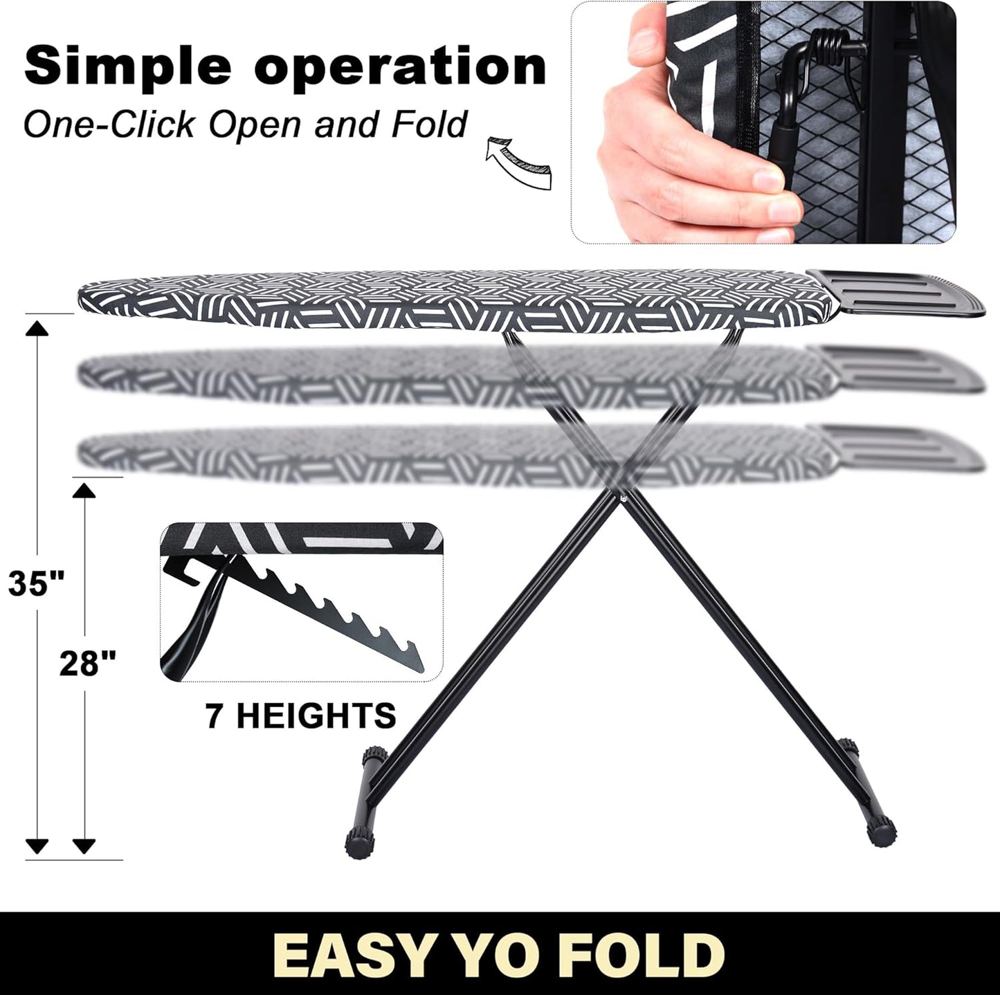 caius Ironing Board with Steam Iron Rest, 43"x13" Extra Thick Padded Cover, Compact and Space Saver Iron Board Full Size, Easy to Fold, Adjustable Height, Sturdy Metal Frame