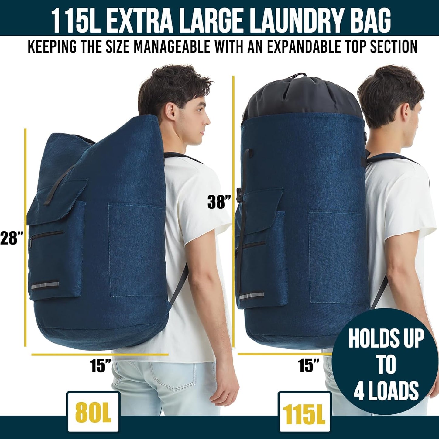 Laundry Backpack Heavy Duty, 115L Extra Large Laundry Bag with Straps, Dorm Room Essential for Guys, Backpack Laundry Bags with 4 Pockets, Laundry Hamper Bags for College Dorm, Apartment, Laundromat
