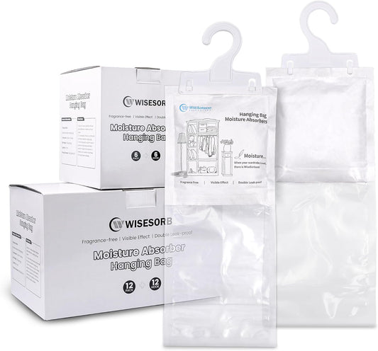 Moisture Absorber Hanging Bags 12 Pack - 7 oz Fragrance-Free Dehumidifier for Closet, Bathroom, Bedroom – Double Leak-Proof Design & Dual-Sided Absorption