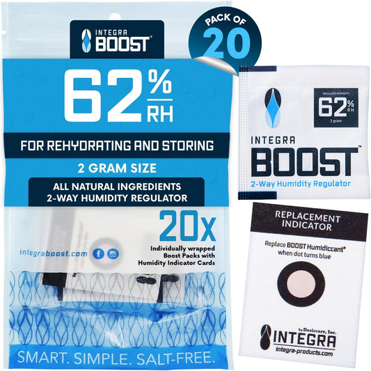 Integra Boost 2-Way Humidity Control Pack – Patented Technology for Humidity Control – Preserve Flavor & Maintain 62% RH – Moisture Absorber for Herbs, Spices & More – 2 Gram (Pack of 20)