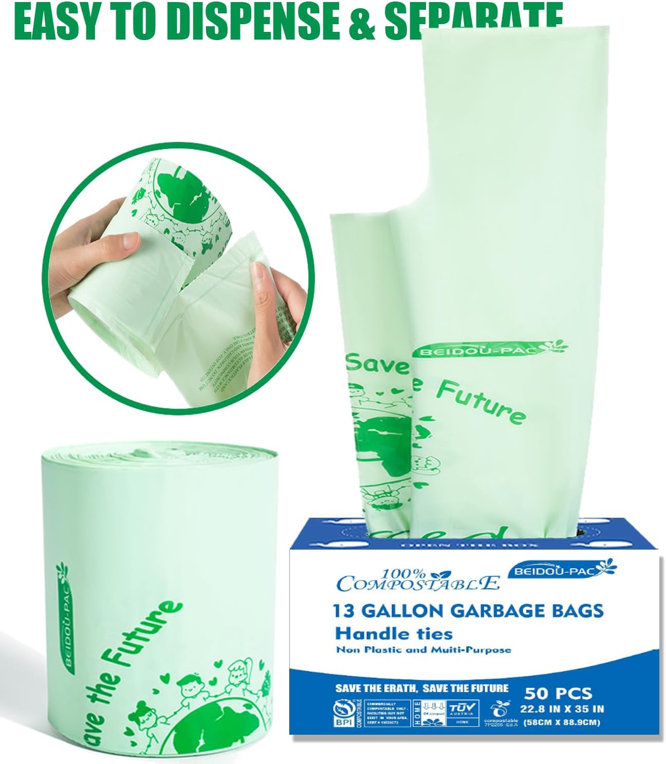 Compostable 13 Gallon Trash Bags, Tall Kitchen Garbage Bags with Handle, Sturdy Biodegradable Compost Bags, 100 Count, US BPI Certified