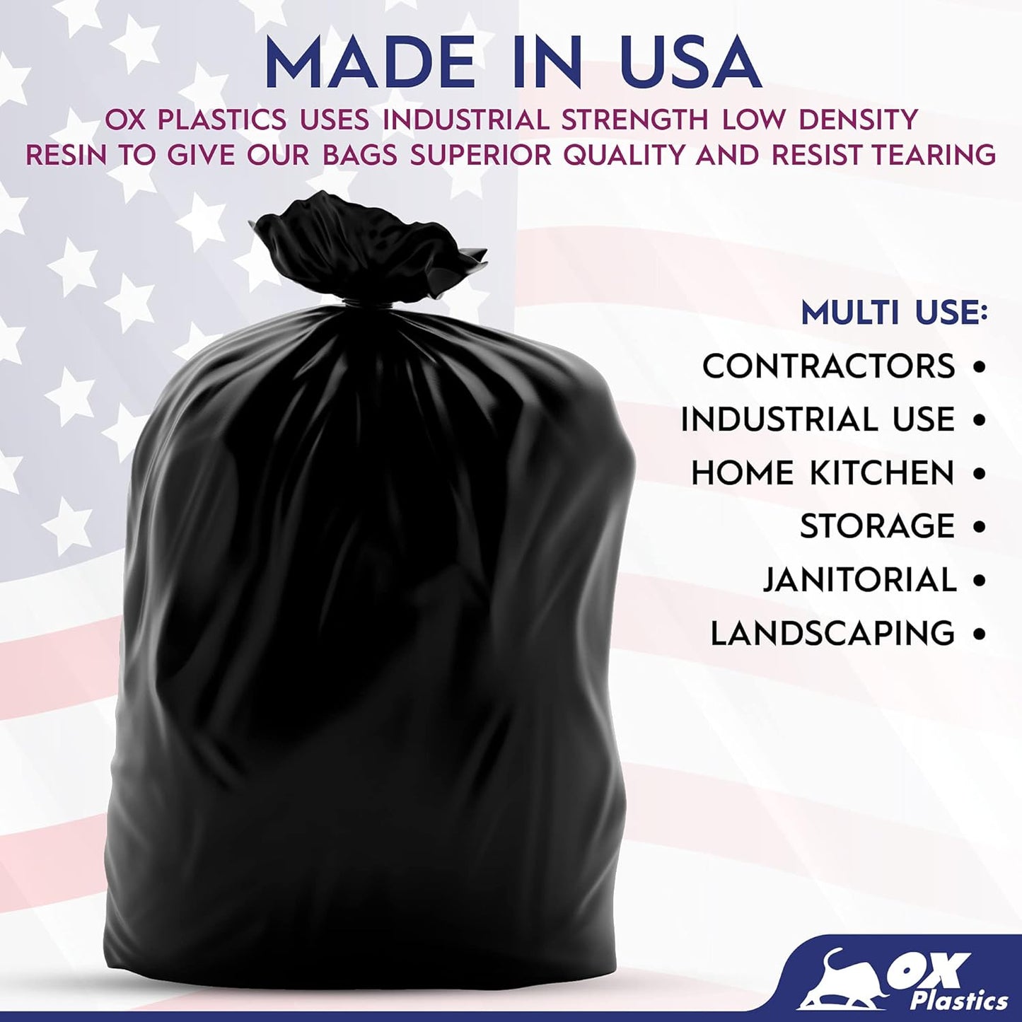 Ox Plastics 60 Gallon Trash Can Liners Garbage Bags - 100 Count & 2mil Thick Extra Heavy Duty Trash Bag Strength -Large Garbage, Leak-Proof & Durable